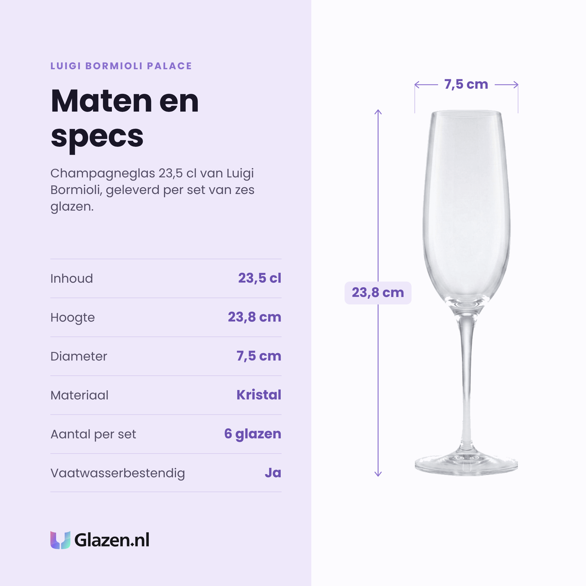 Luigi Bormioli Palace champagneglas 23,5 cl specificaties: inhoud 23,5 cl, hoogte 23,8 cm, diameter 7,5 cm, kristal, set van 6