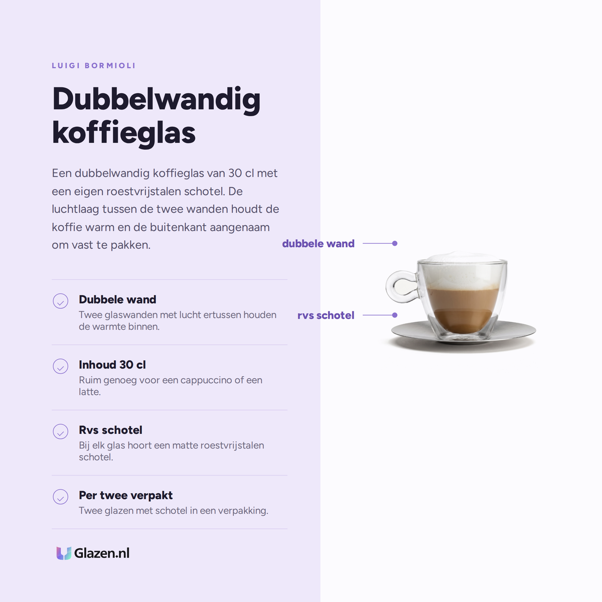 Luigi Bormioli Thermic Glass koffieglas eigenschappen: dubbele wand, 30 cl, rvs schotel, per twee verpakt