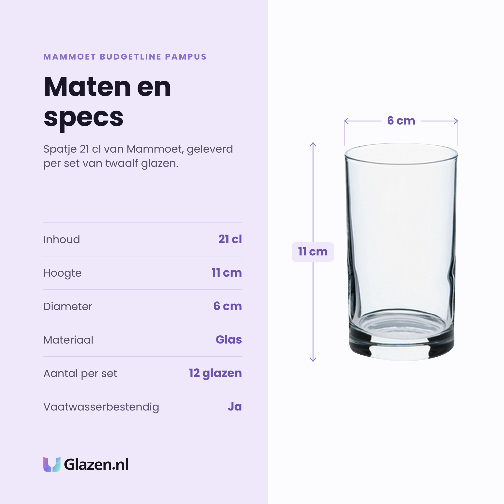 Mammoet Budgetline Pampus spatje 21 cl specificaties: inhoud 21 cl, hoogte 11 cm, diameter 6 cm, glas, set van 12