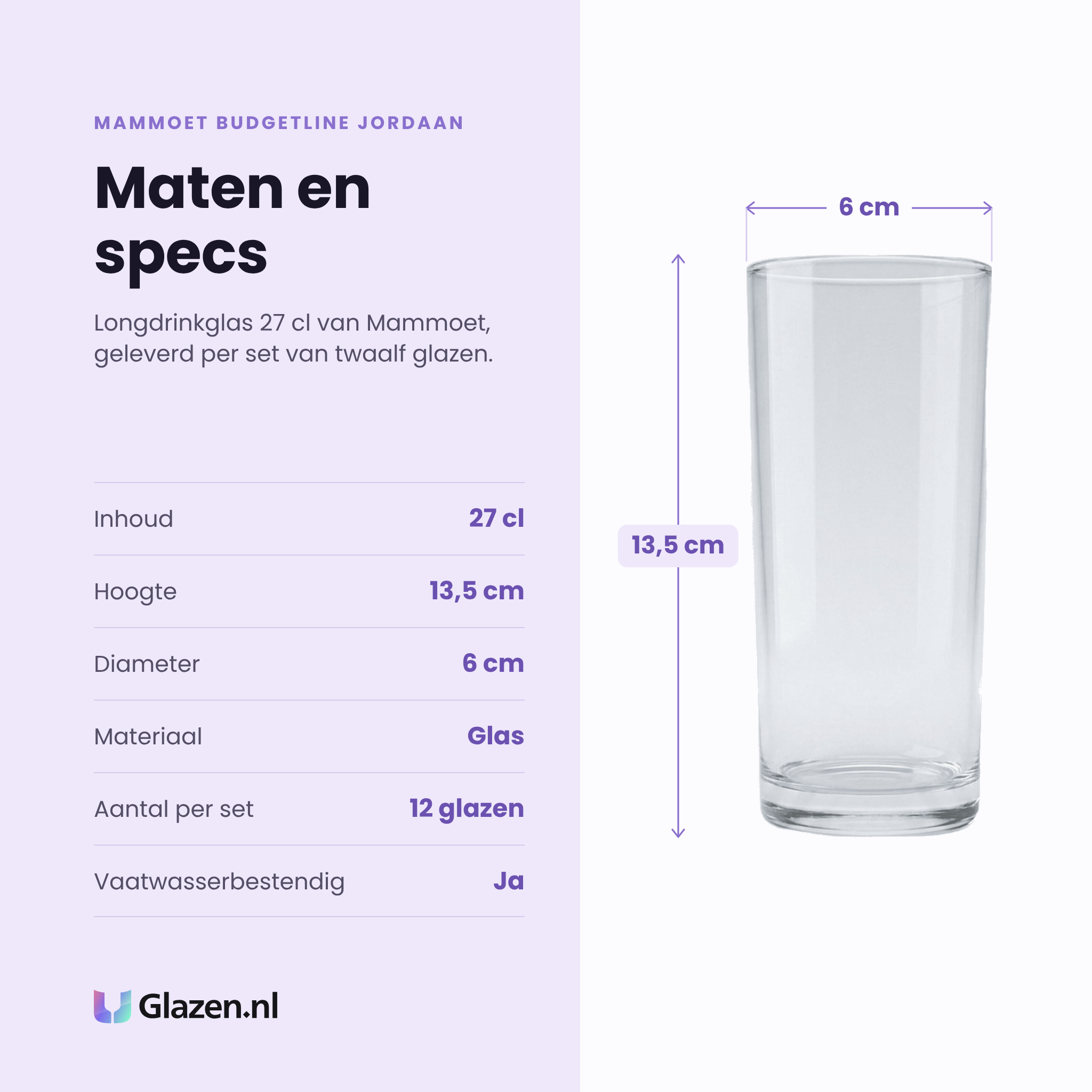 Mammoet Budgetline Jordaan longdrinkglas 27 cl specificaties: inhoud 27 cl, hoogte 13,5 cm, diameter 6 cm, glas, set van 12
