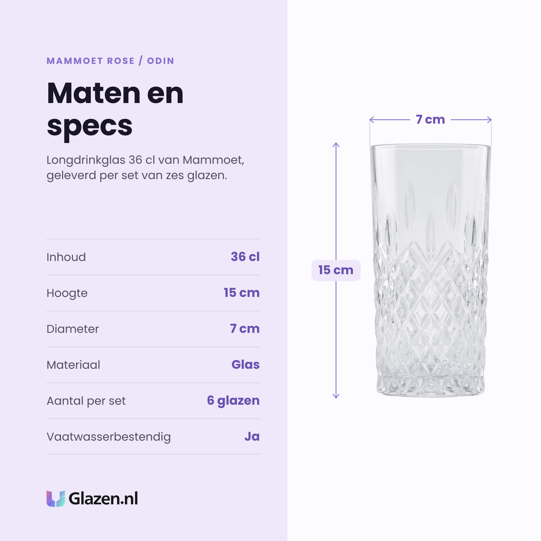 Mammoet Rose / Odin longdrinkglas 36 cl specificaties: inhoud 36 cl, hoogte 15 cm, diameter 7 cm, glas, set van 6
