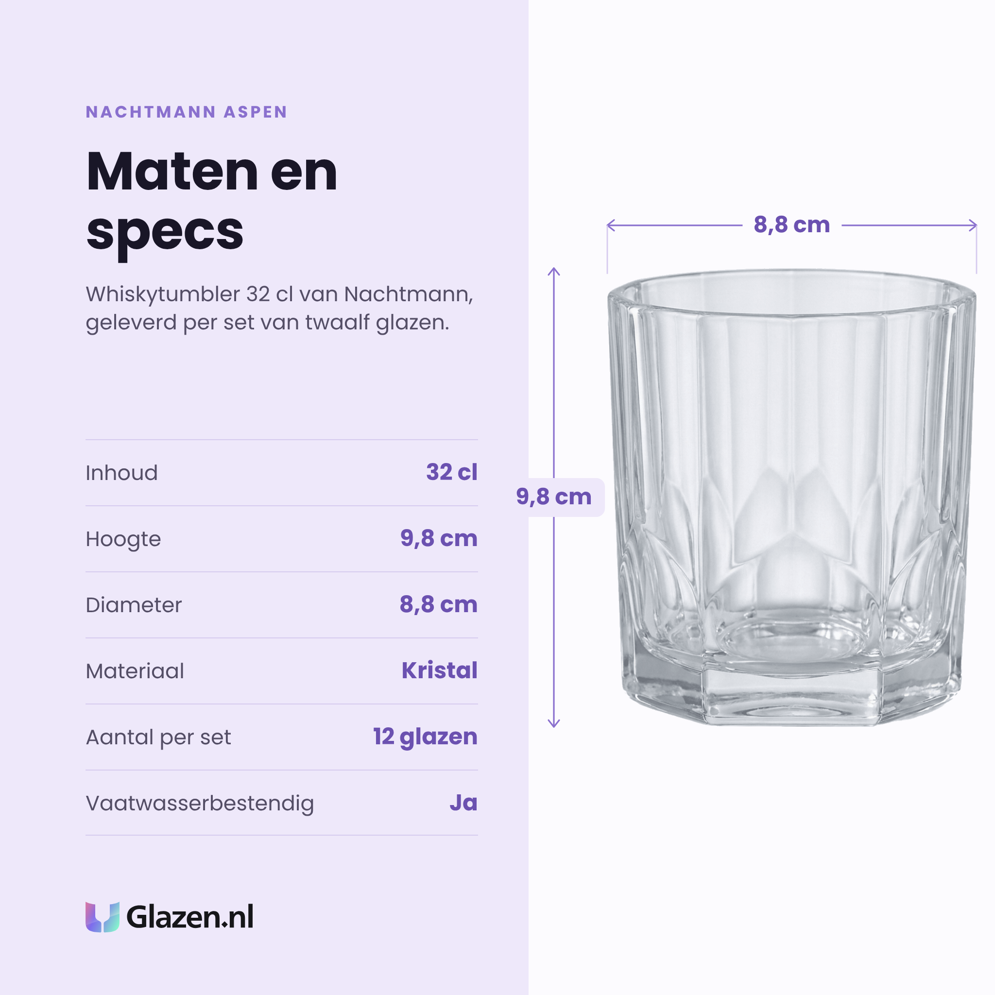 Nachtmann Aspen whiskytumbler 32 cl specificaties: inhoud 32 cl, hoogte 9,8 cm, diameter 8,8 cm, kristal, set van 12