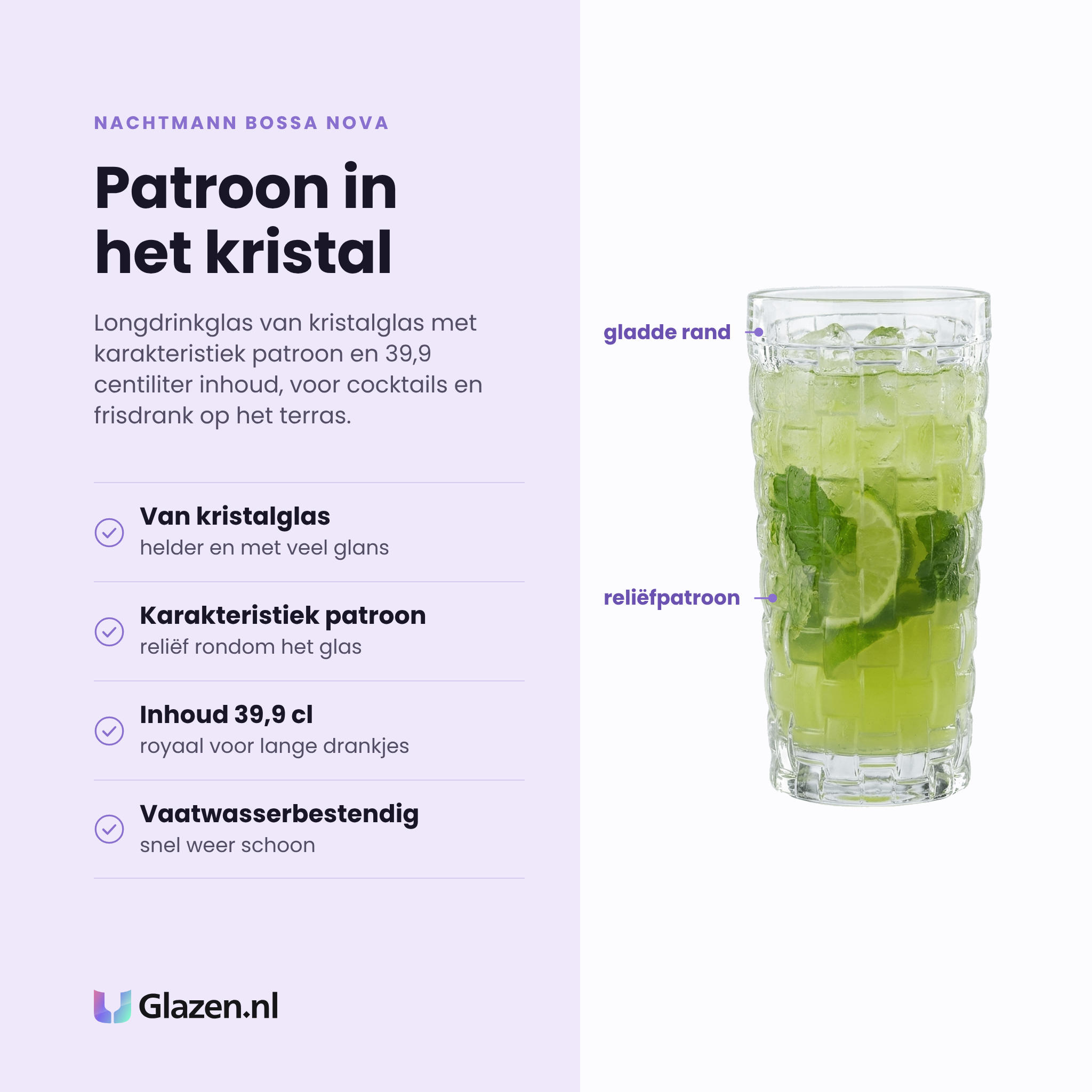 Nachtmann Bossa Nova longdrinkglas 39,9 cl eigenschappen: kristalglas, karakteristiek patroon, inhoud 39,9 cl, vaatwasserbestendig