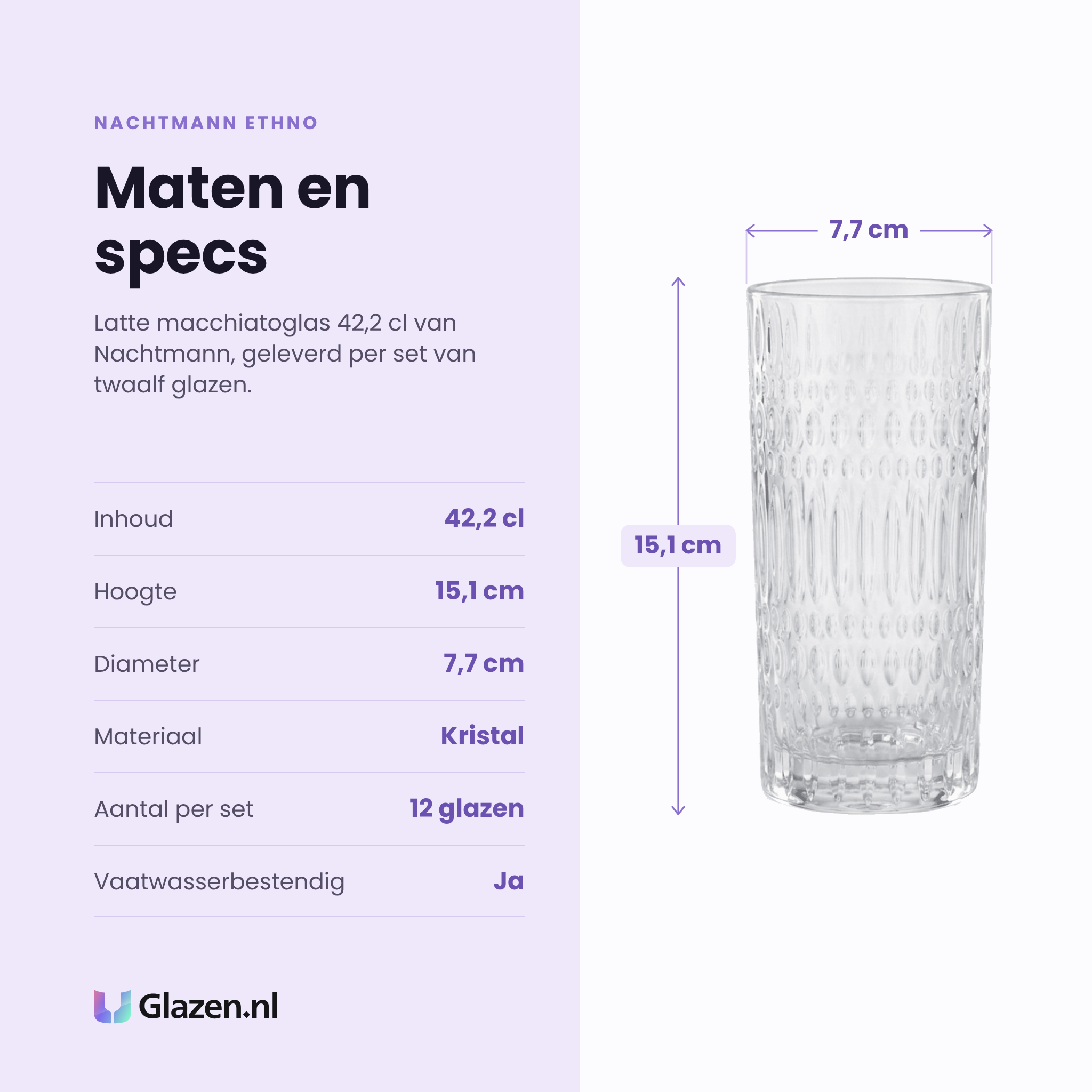 Nachtmann Ethno latte macchiatoglas 42,2 cl specificaties: inhoud 42,2 cl, hoogte 15,1 cm, diameter 7,7 cm, kristal, set van 12