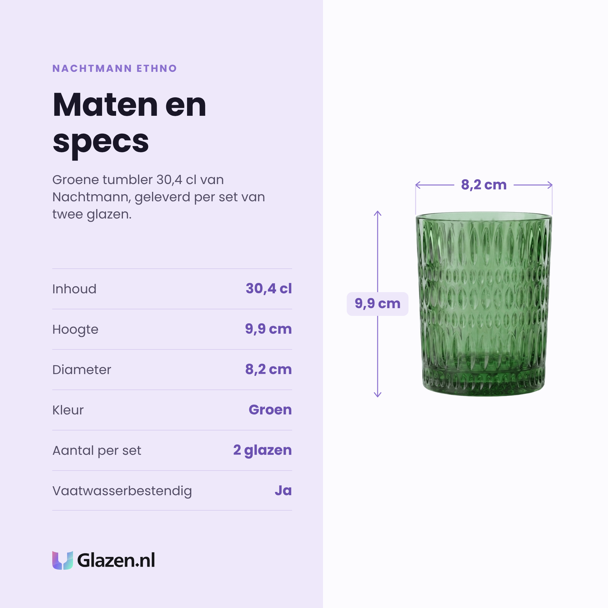 Nachtmann Ethno tumbler 30,4 cl groen specificaties: inhoud 30,4 cl, hoogte 9,9 cm, diameter 8,2 cm, groen, set van 2