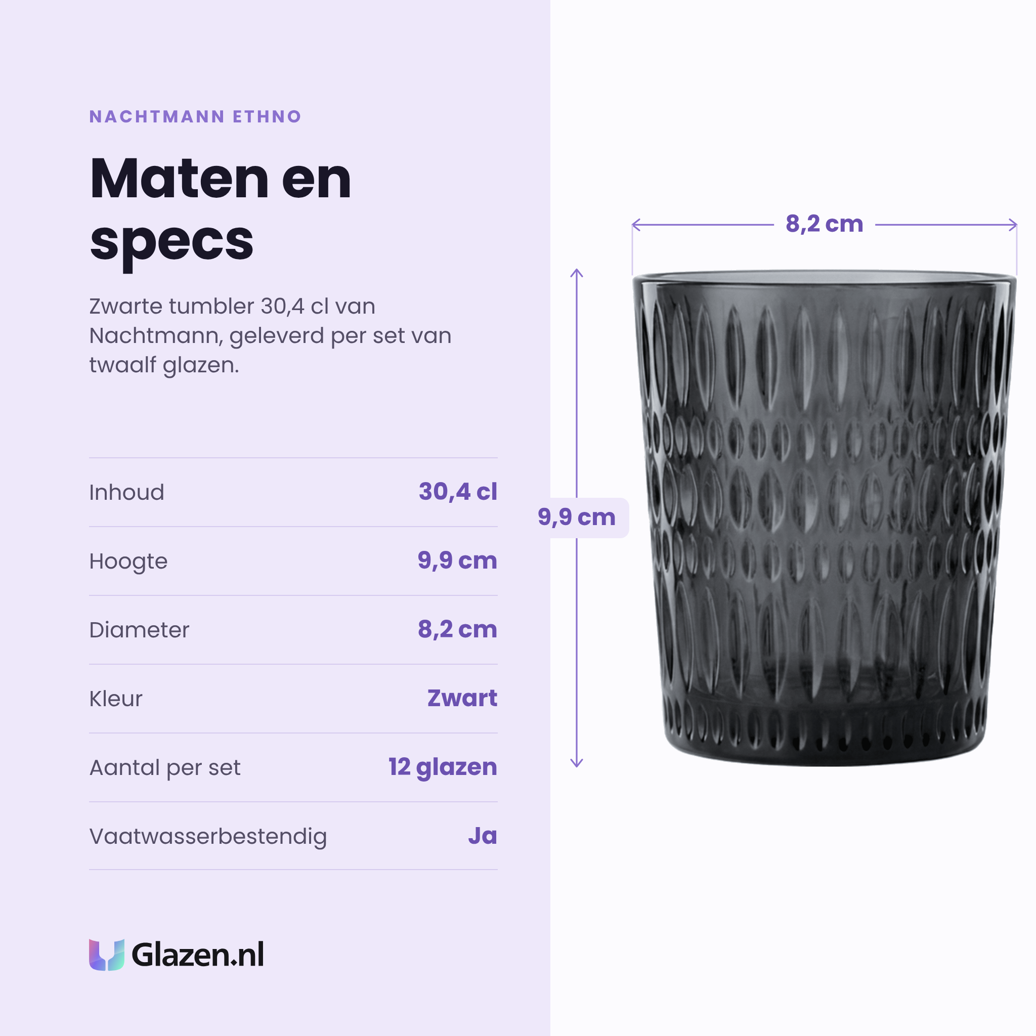 Nachtmann Ethno tumbler 30,4 cl zwart specificaties: inhoud 30,4 cl, hoogte 9,9 cm, diameter 8,2 cm, zwart, set van 12