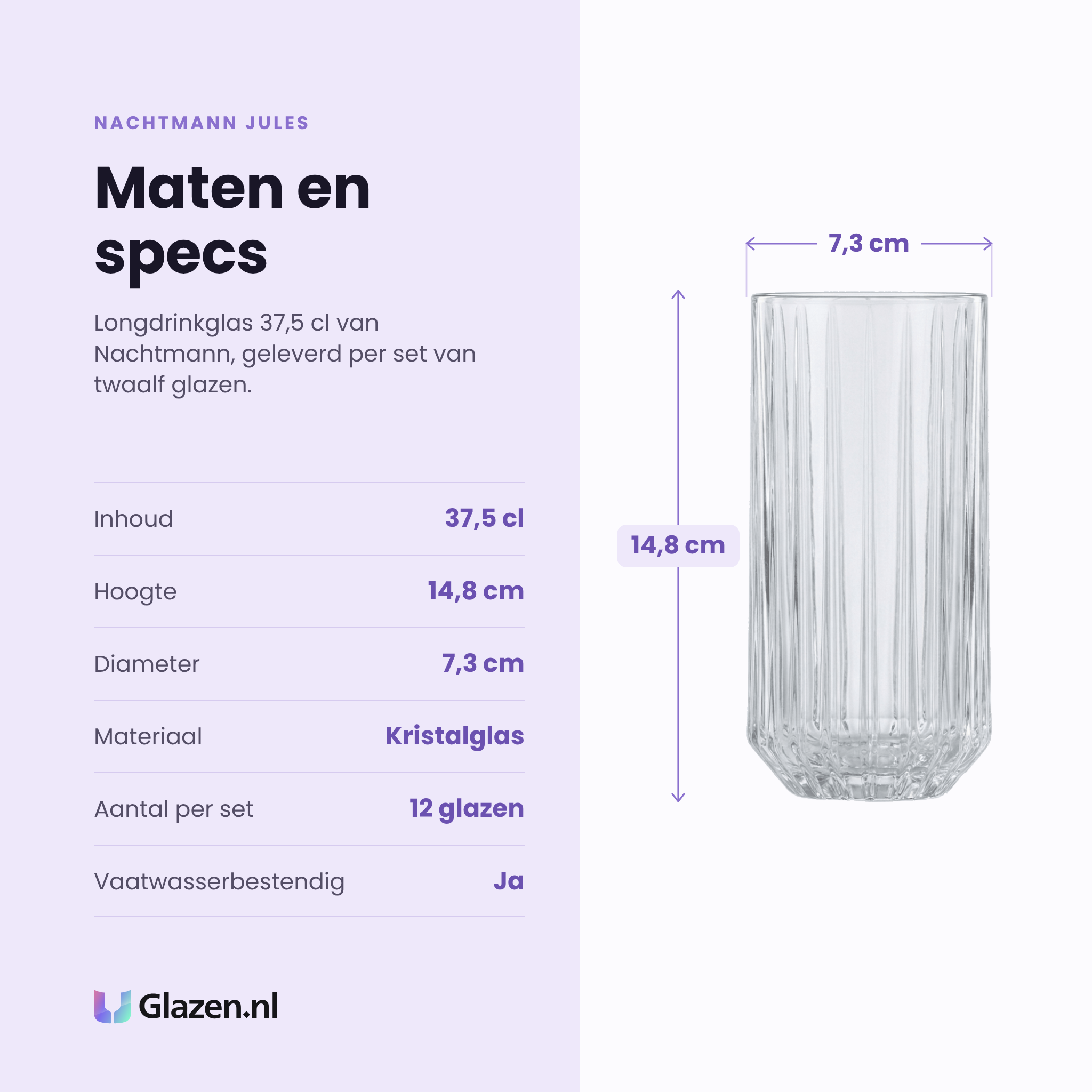 Nachtmann Jules longdrinkglas 37,5 cl specificaties: inhoud 37,5 cl, hoogte 14,8 cm, diameter 7,3 cm, kristalglas, set van 12