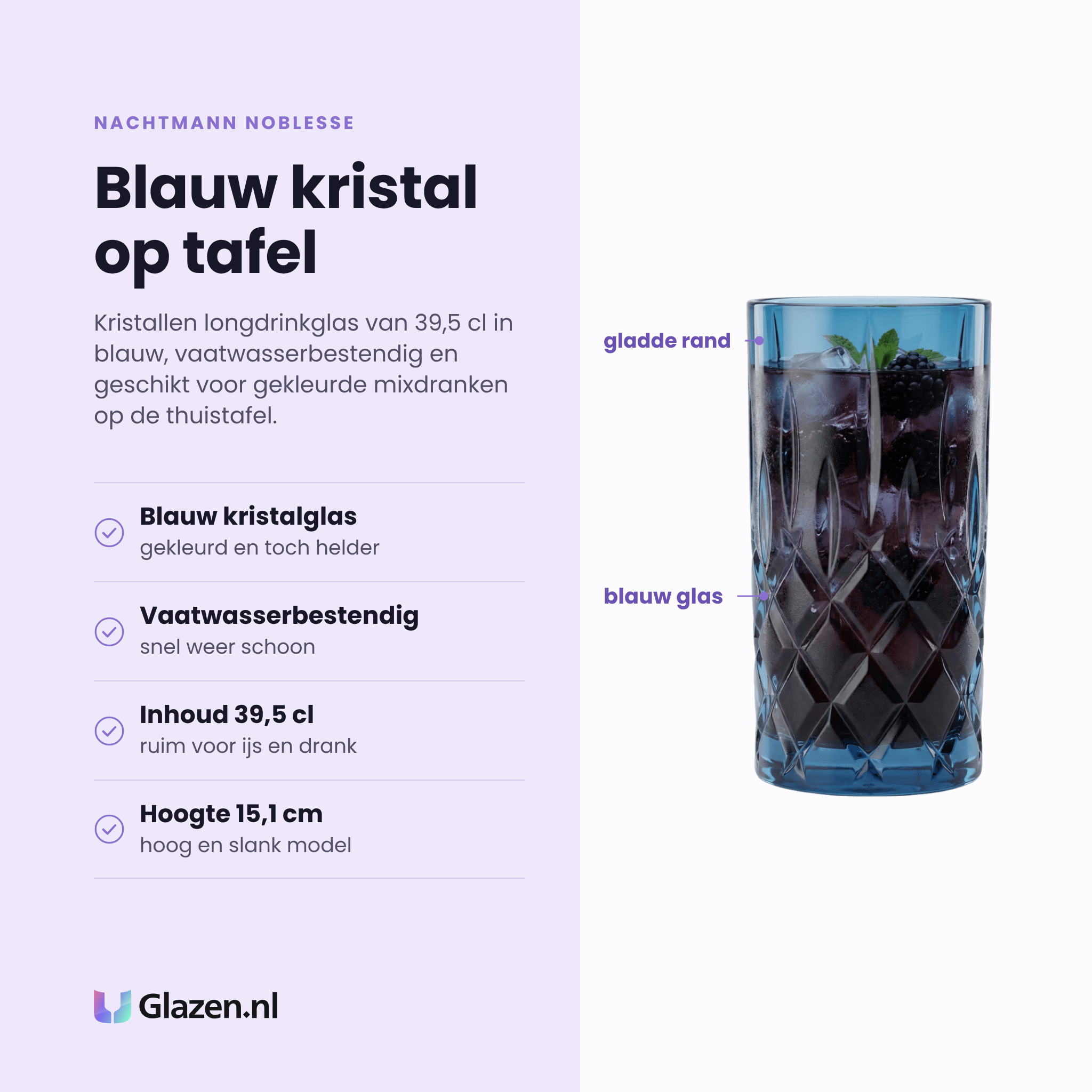 Nachtmann Noblesse longdrinkglas 39,5 cl blauw eigenschappen: blauw kristalglas, vaatwasserbestendig, inhoud 39,5 cl, hoogte 15,1 cm