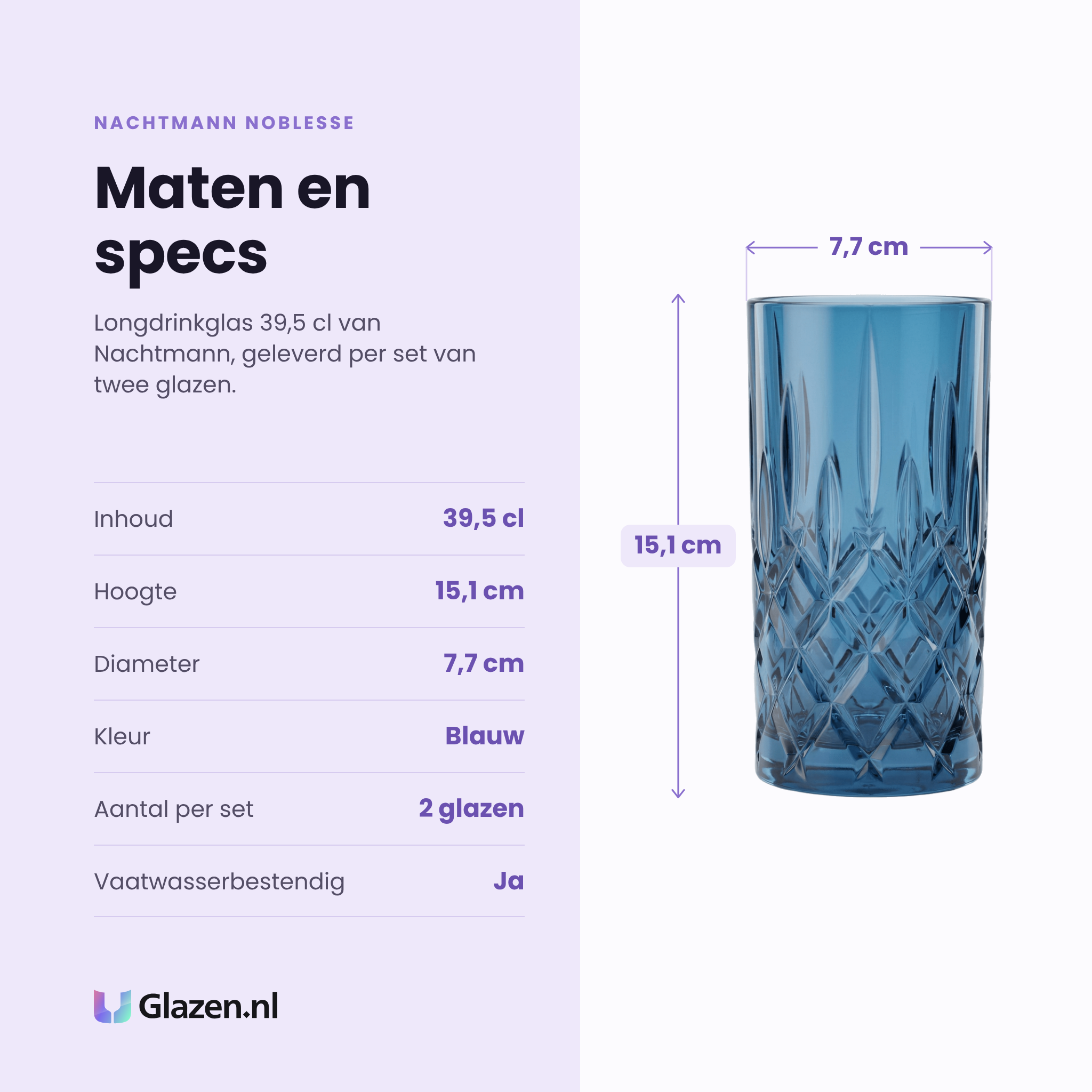 Nachtmann Noblesse longdrinkglas 39,5 cl blauw specificaties: inhoud 39,5 cl, hoogte 15,1 cm, diameter 7,7 cm, blauw, set van 2