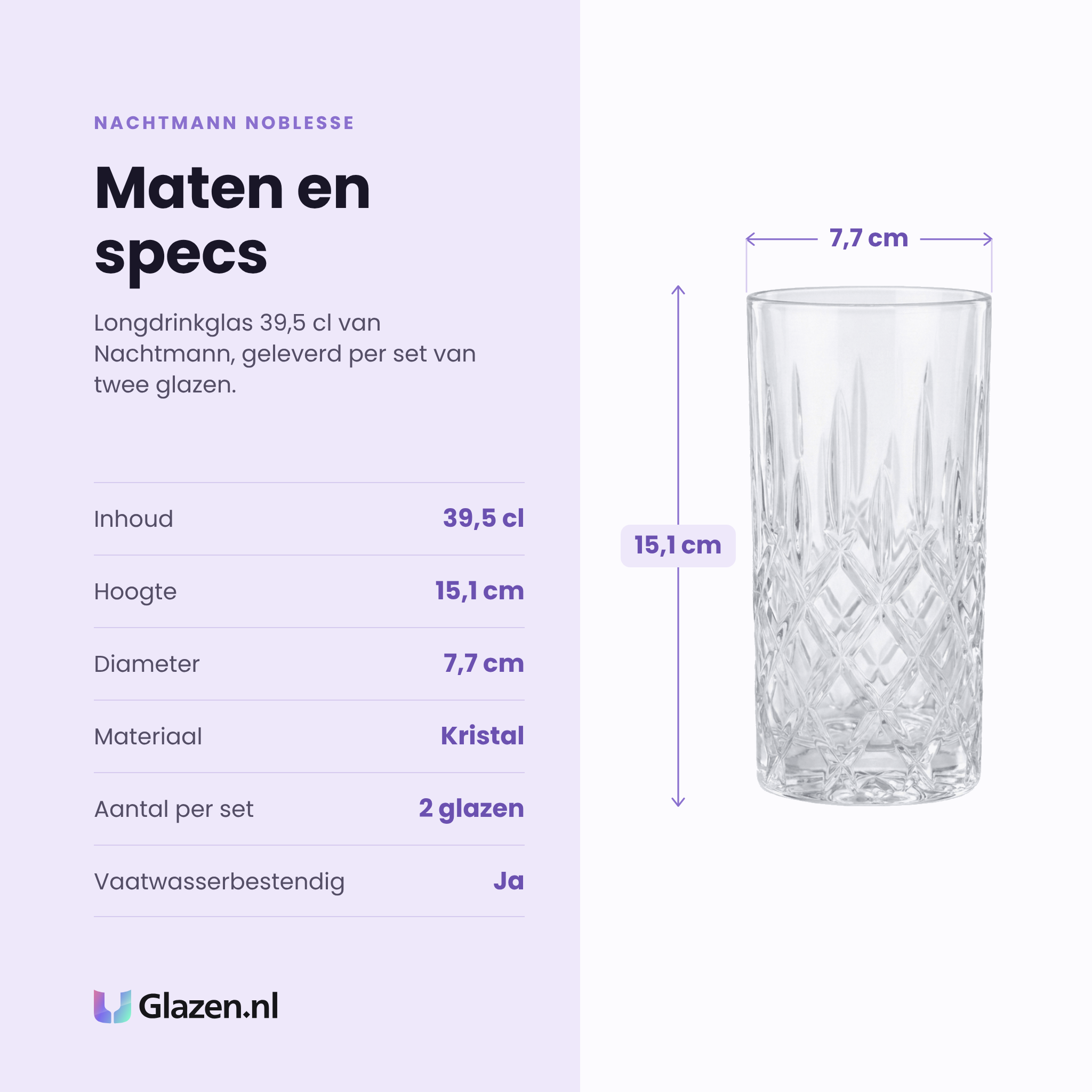 Nachtmann Noblesse longdrinkglas 39,5 cl specificaties: inhoud 39,5 cl, hoogte 15,1 cm, diameter 7,7 cm, kristal, set van 2
