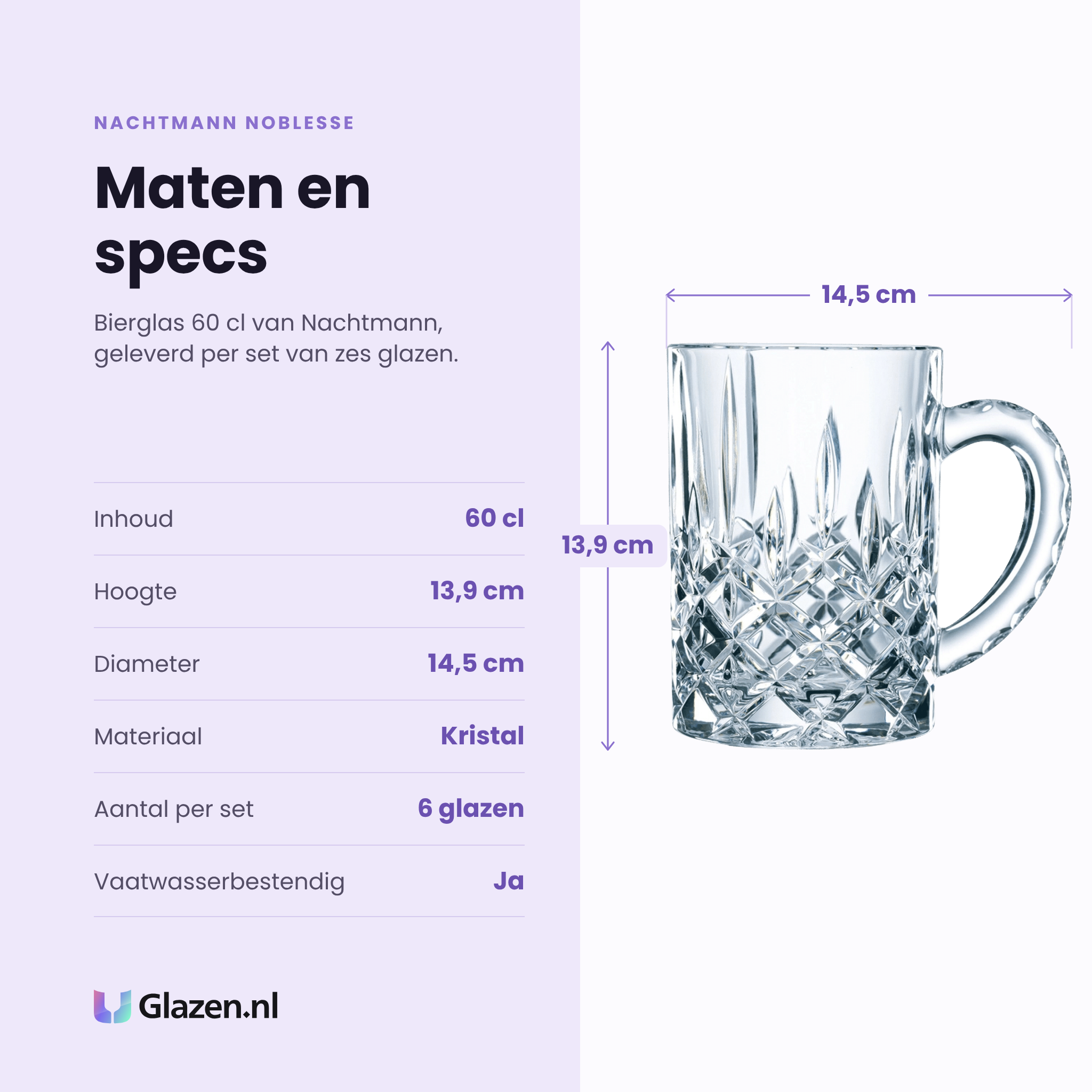 Nachtmann Noblesse bierglas 60 cl specificaties: inhoud 60 cl, hoogte 13,9 cm, diameter 14,5 cm, kristal, set van 6