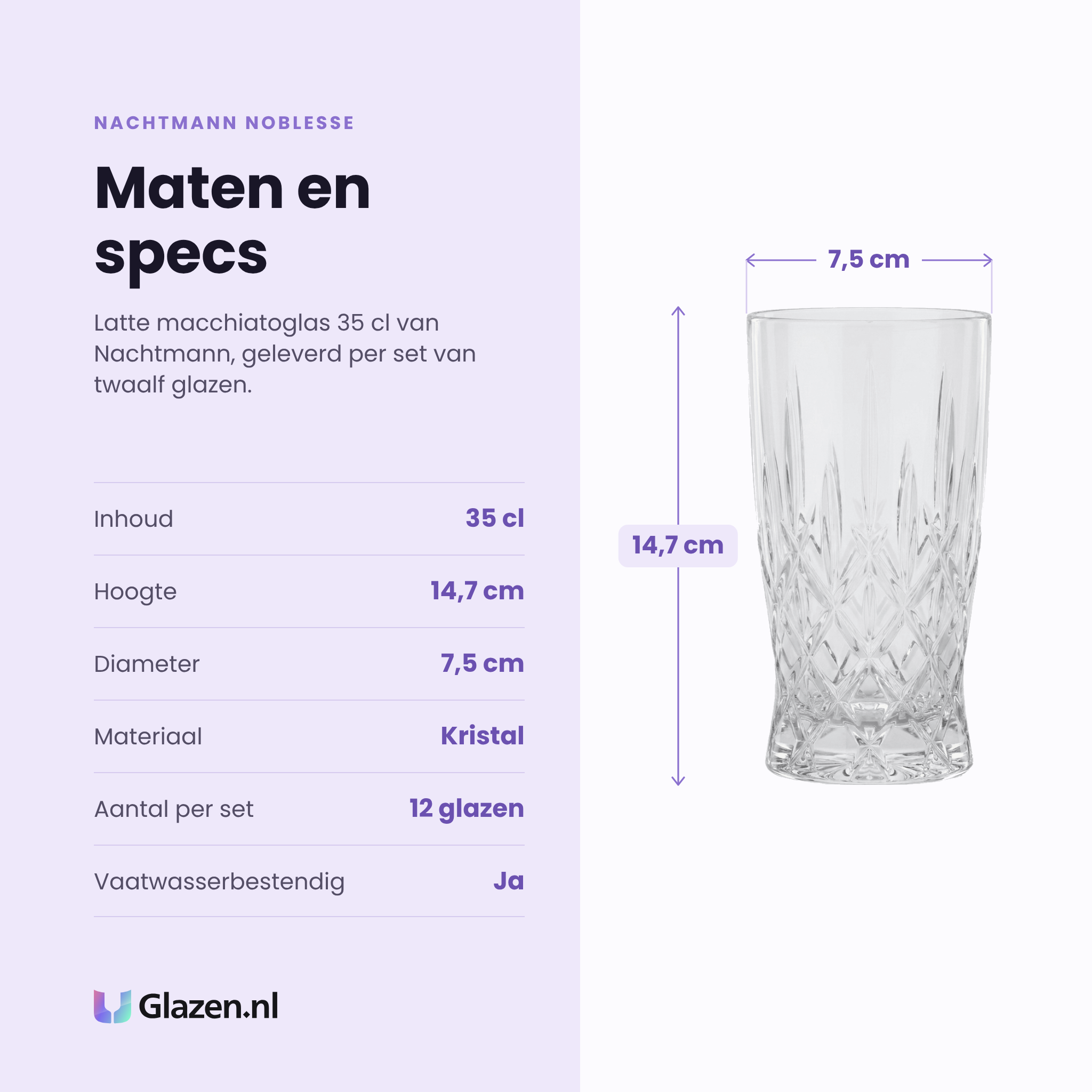 Nachtmann Noblesse latte macchiatoglas 35 cl specificaties: inhoud 35 cl, hoogte 14,7 cm, diameter 7,5 cm, kristal, set van 12