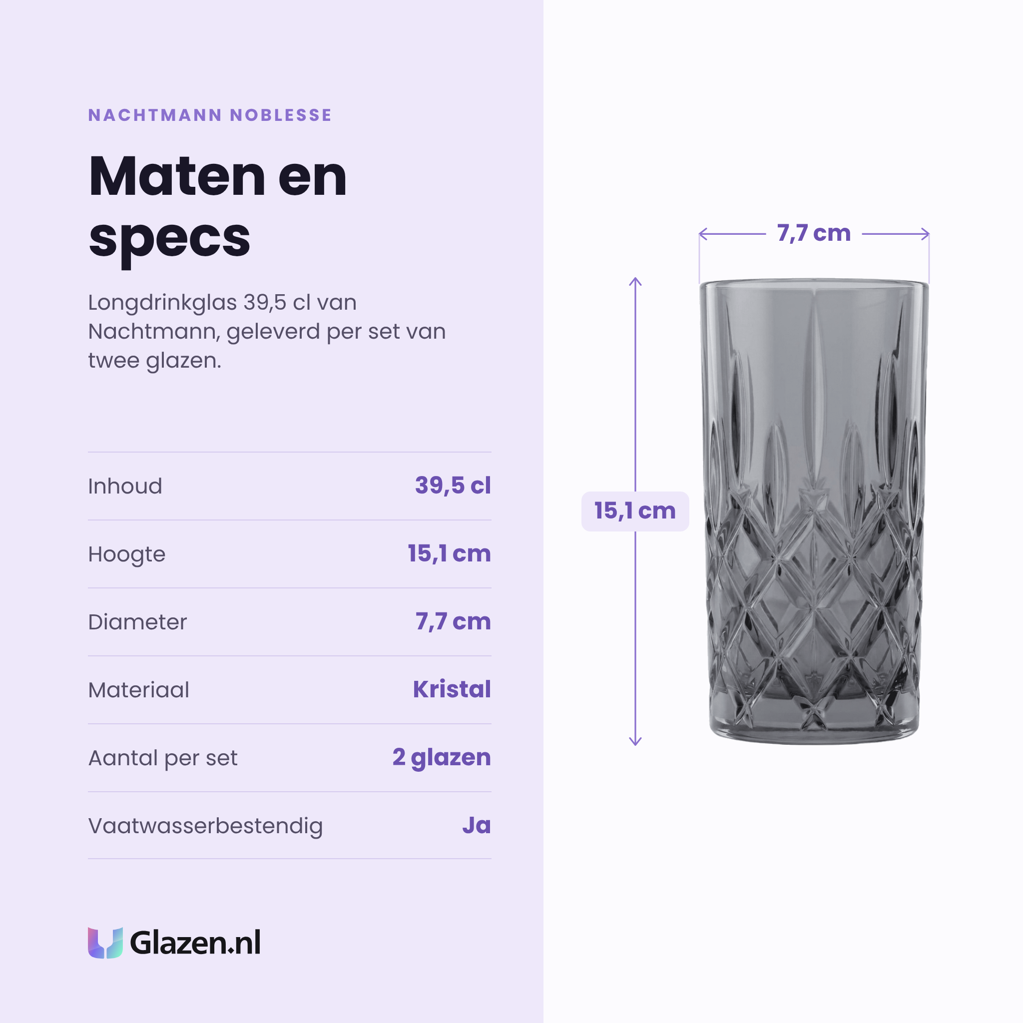 Nachtmann Noblesse longdrinkglas 39,5 cl specificaties: inhoud 39,5 cl, hoogte 15,1 cm, diameter 7,7 cm, kristal, set van 2