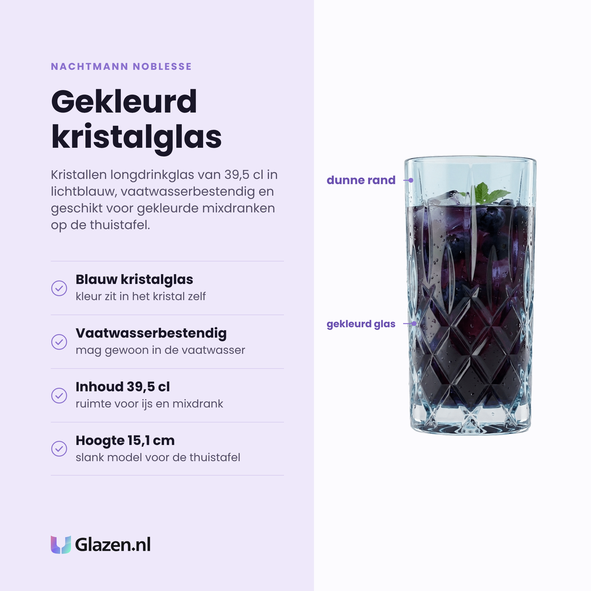 Nachtmann Noblesse longdrinkglas 39,5 cl eigenschappen: lichtblauw gekleurd kristalglas, vaatwasserbestendig, inhoud 39,5 cl, hoogte 15,1 cm