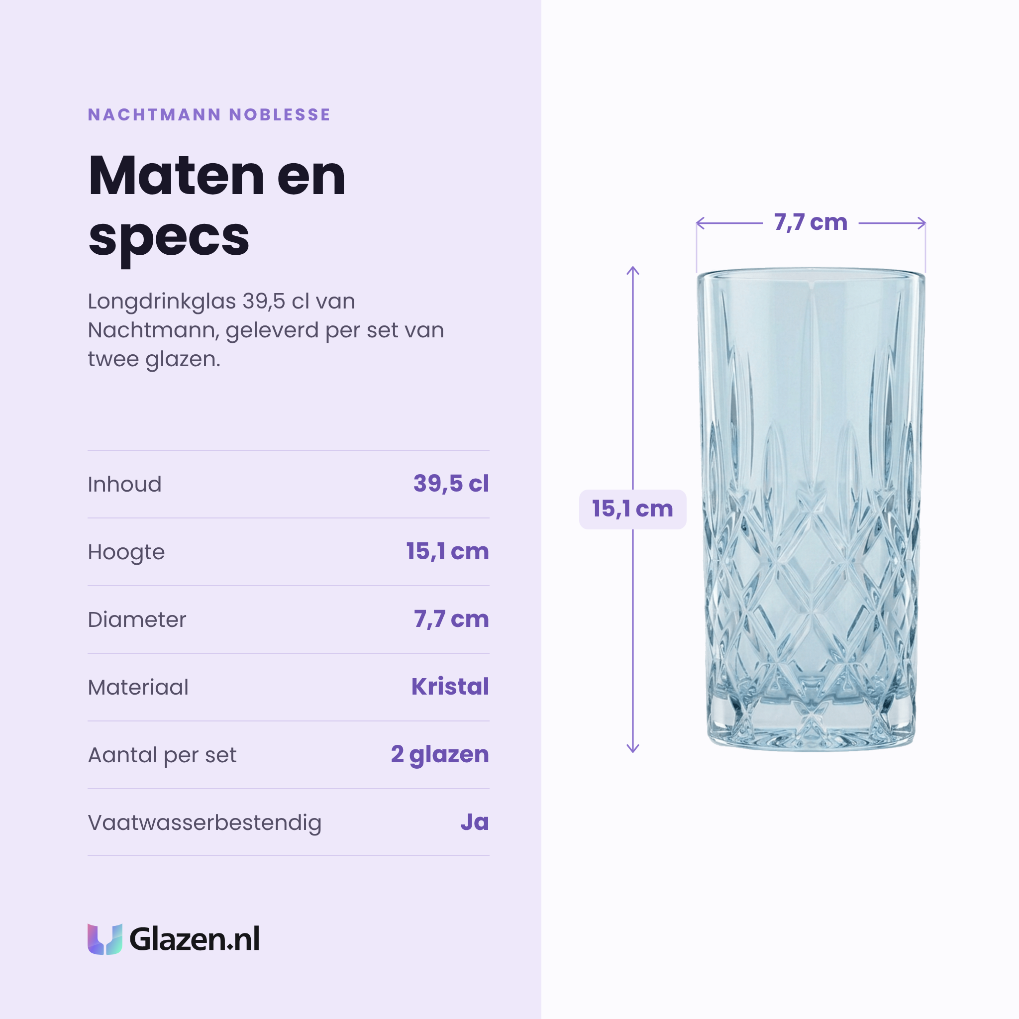 Nachtmann Noblesse longdrinkglas 39,5 cl specificaties: inhoud 39,5 cl, hoogte 15,1 cm, diameter 7,7 cm, kristal, set van 2