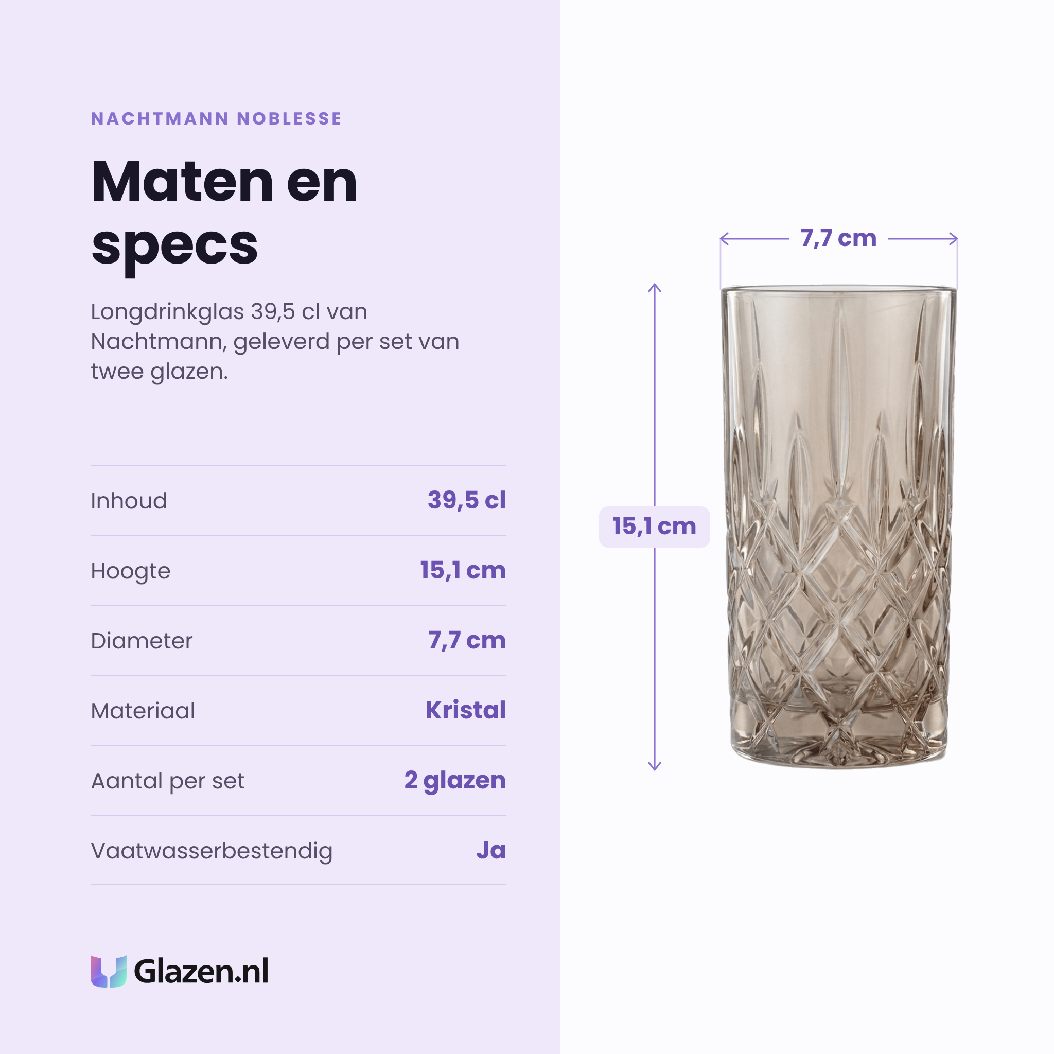 Nachtmann Noblesse longdrinkglas 39,5 cl specificaties: inhoud 39,5 cl, hoogte 15,1 cm, diameter 7,7 cm, kristal, set van 2