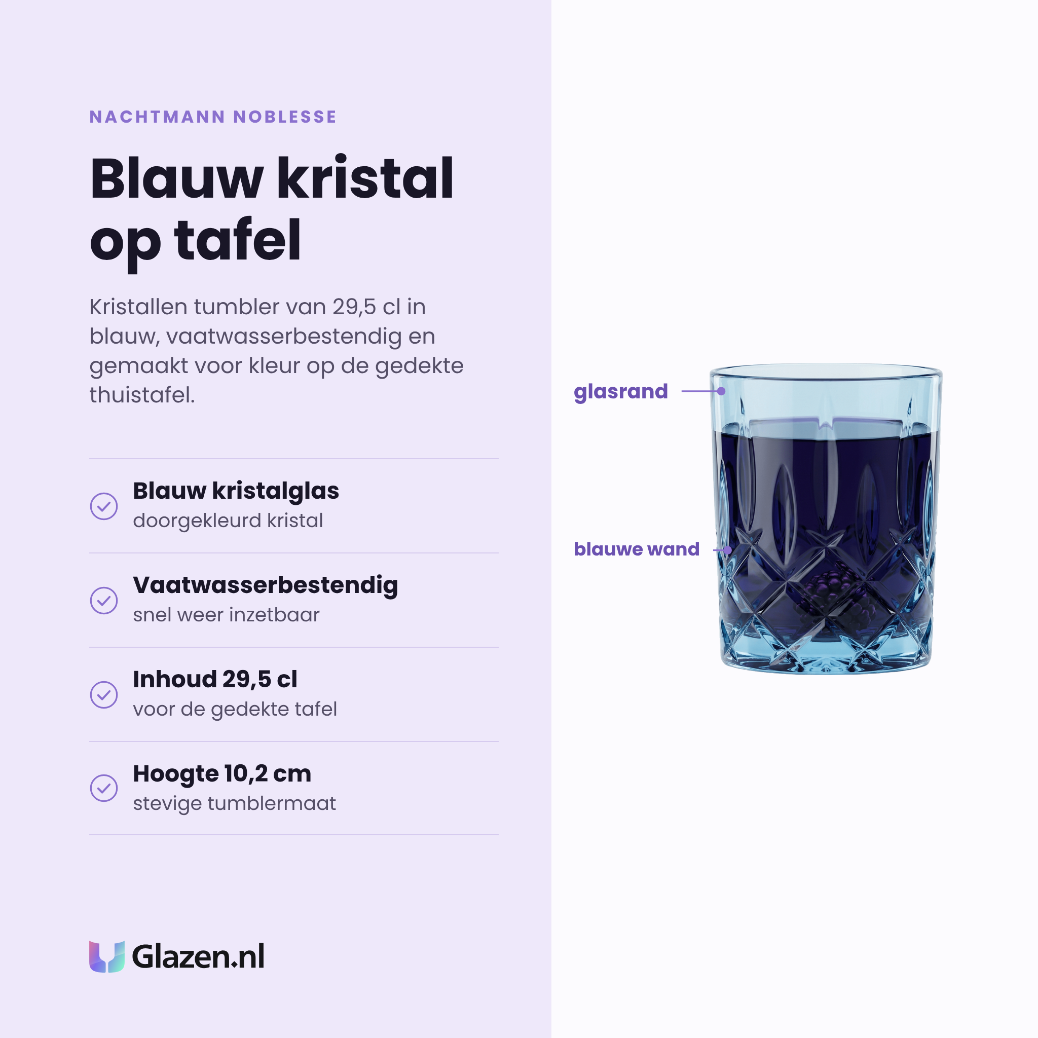 Nachtmann Noblesse tumbler 29,5 cl eigenschappen: blauw gekleurd kristalglas, vaatwasserbestendig, inhoud 29,5 cl, hoogte 10,2 cm