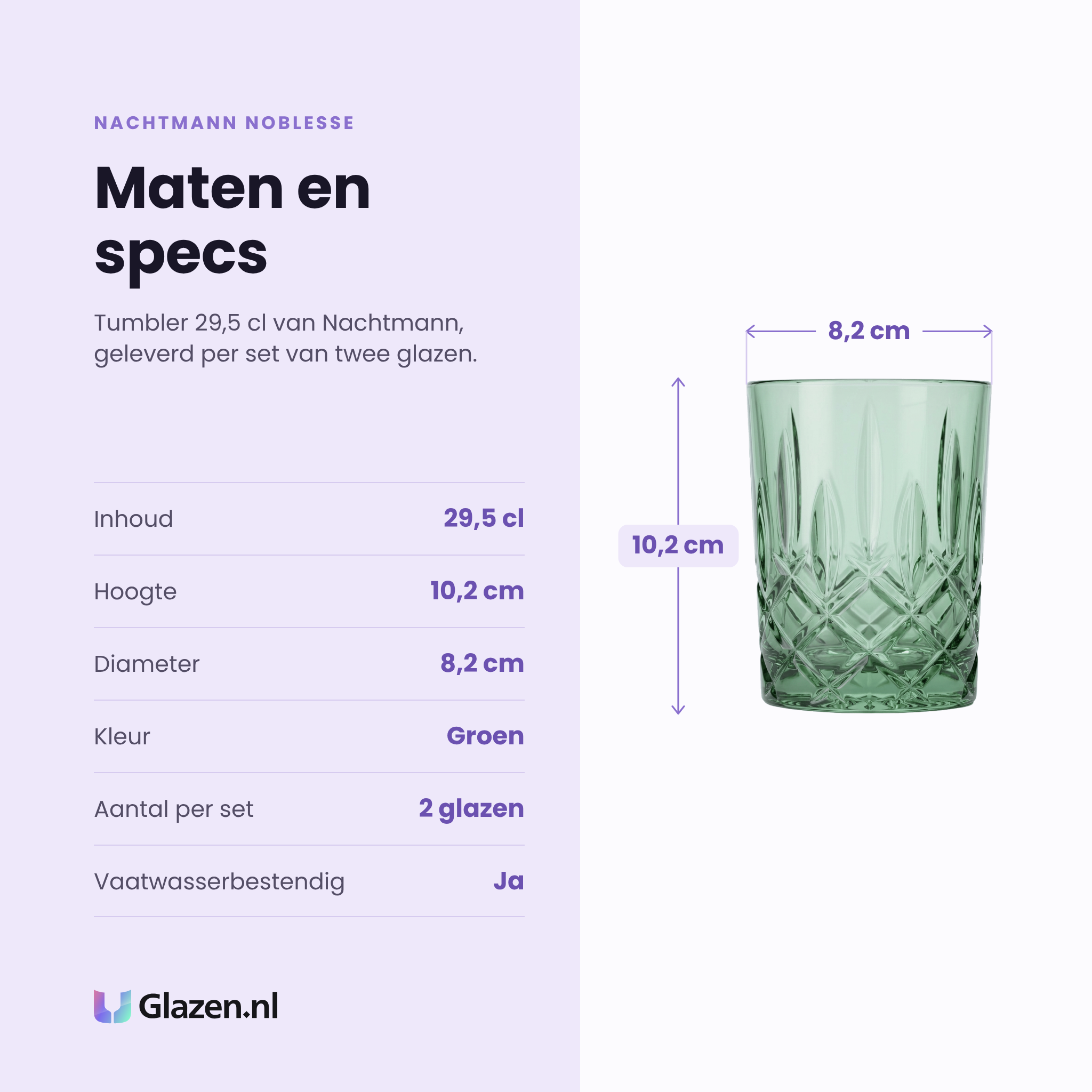 Nachtmann Noblesse tumbler 29,5 cl specificaties: inhoud 29,5 cl, hoogte 10,2 cm, diameter 8,2 cm, groen, set van 2