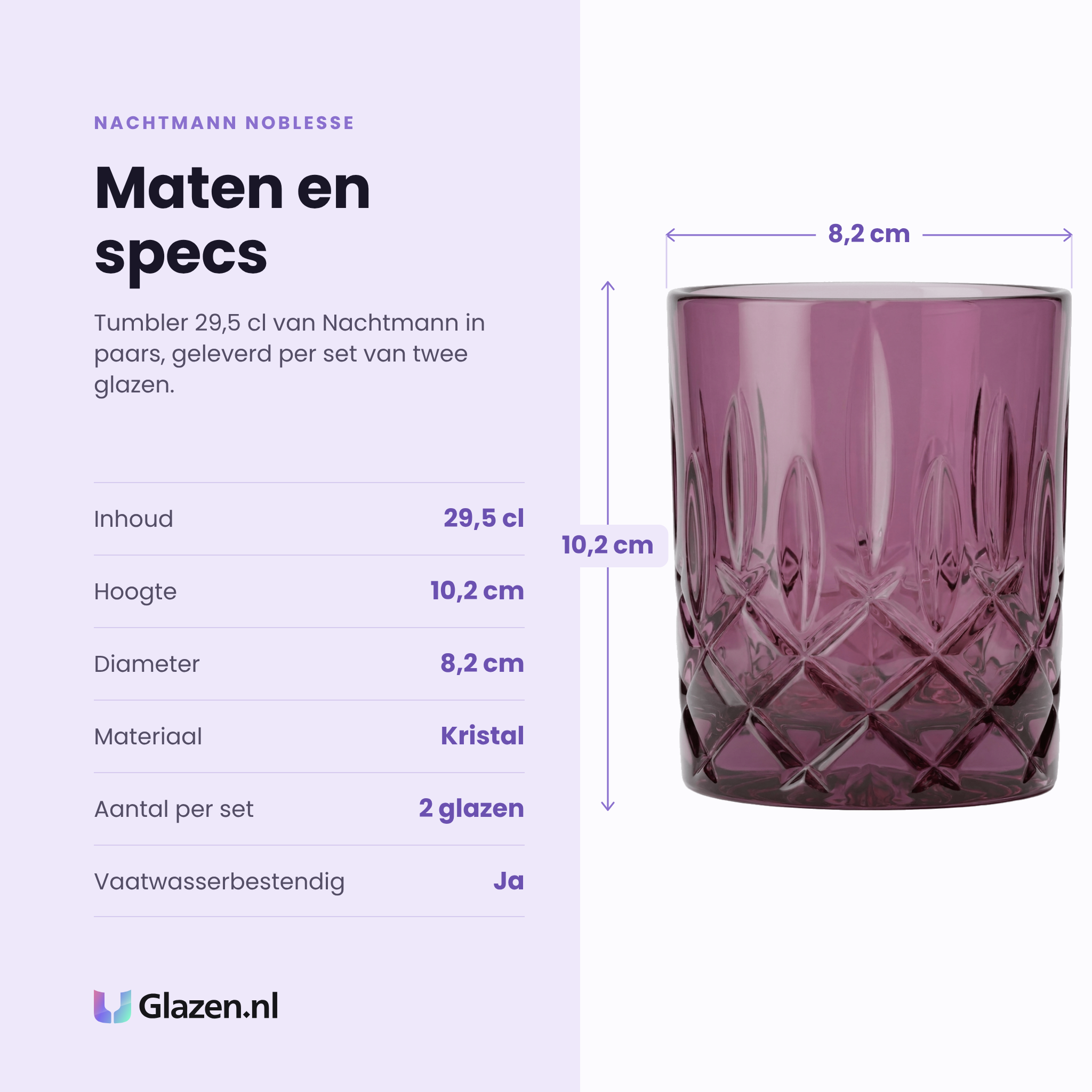 Nachtmann Noblesse tumbler 29,5 cl specificaties: inhoud 29,5 cl, hoogte 10,2 cm, diameter 8,2 cm, kristal, set van 2