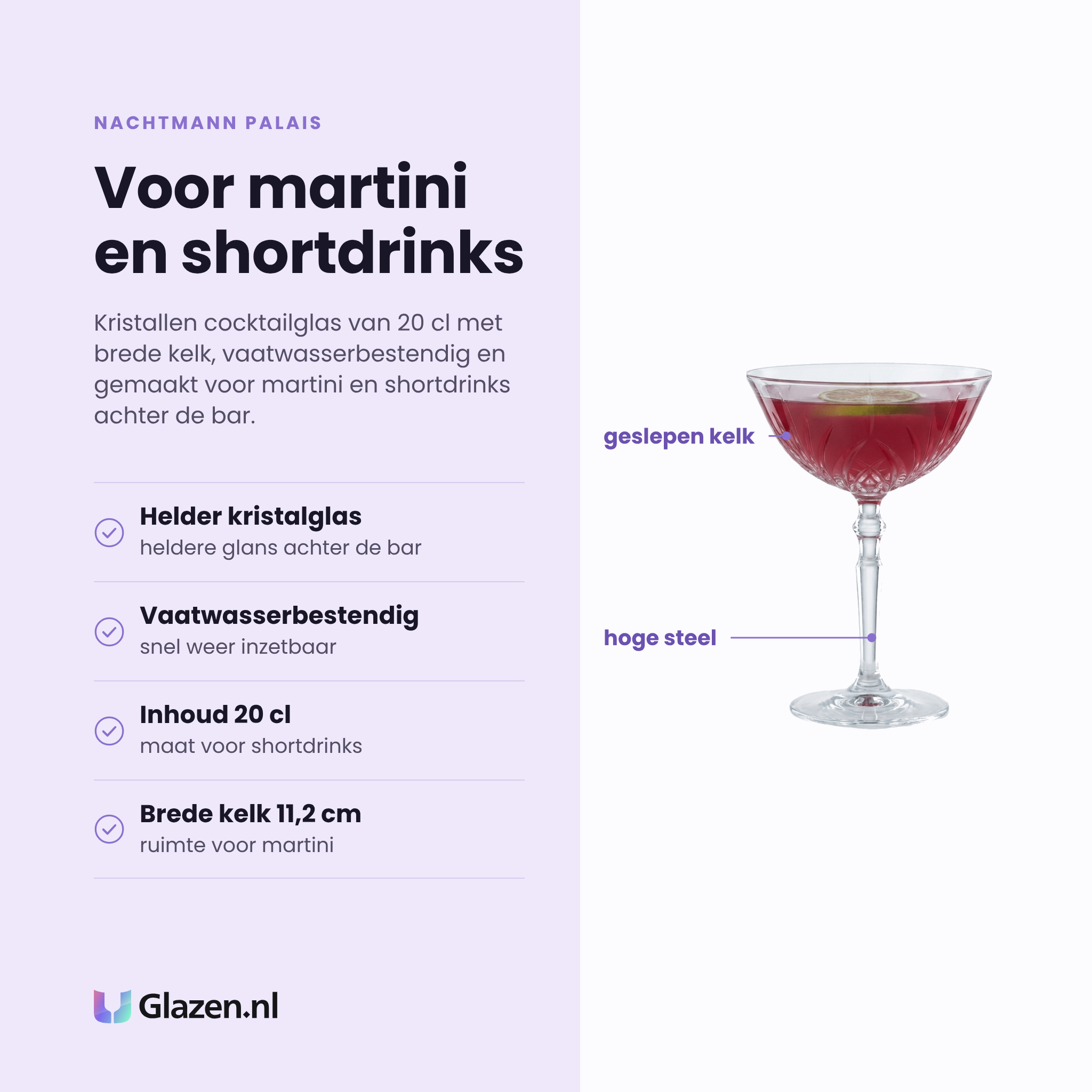 Nachtmann Palais cocktailglas 20 cl eigenschappen: helder kristalglas, vaatwasserbestendig, inhoud 20 cl, brede kelk 11,2 cm