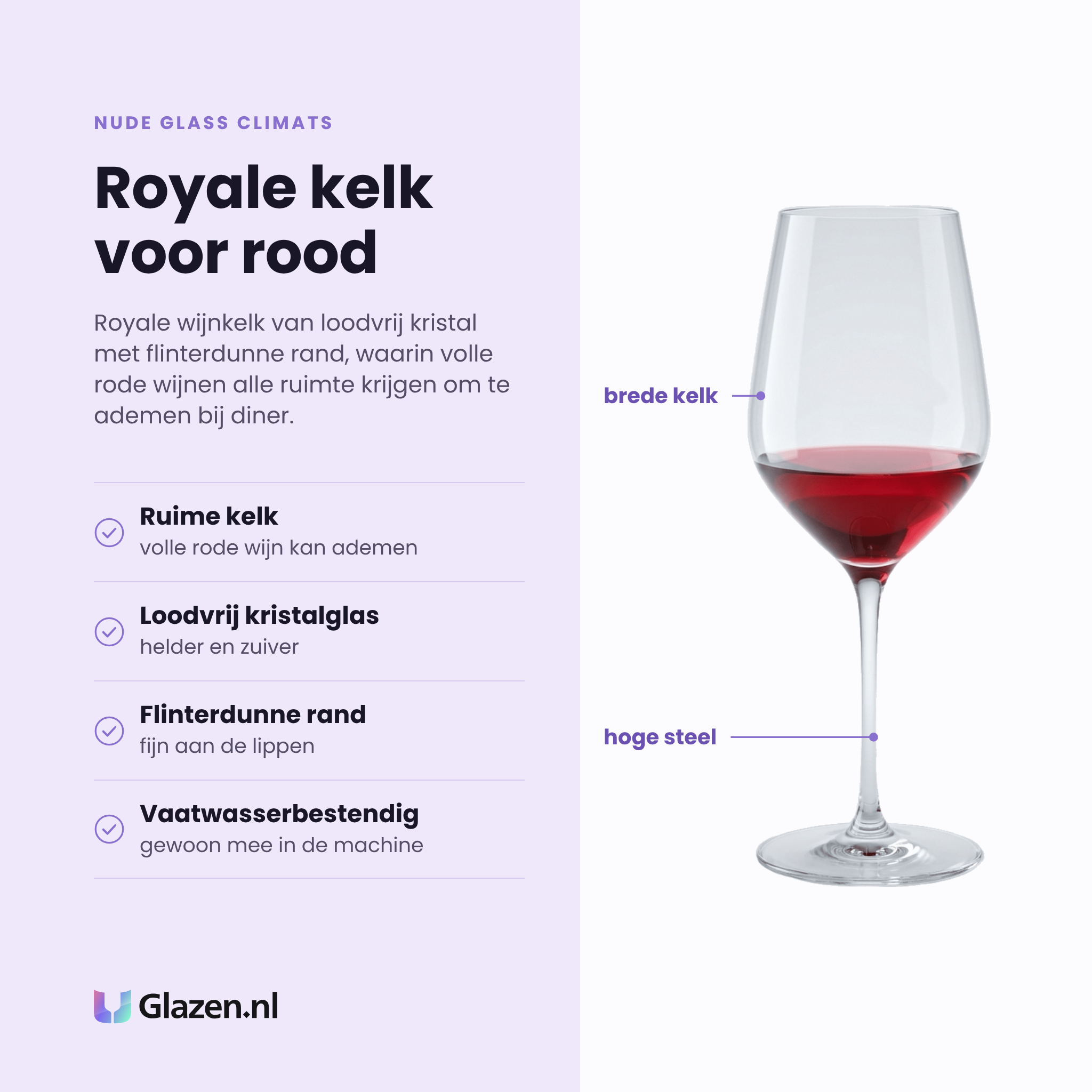 NUDE Glass Climats wijnglas 64 cl eigenschappen: ruime kelk voor rode wijn, loodvrij kristalglas, flinterdunne rand, vaatwasserbestendig