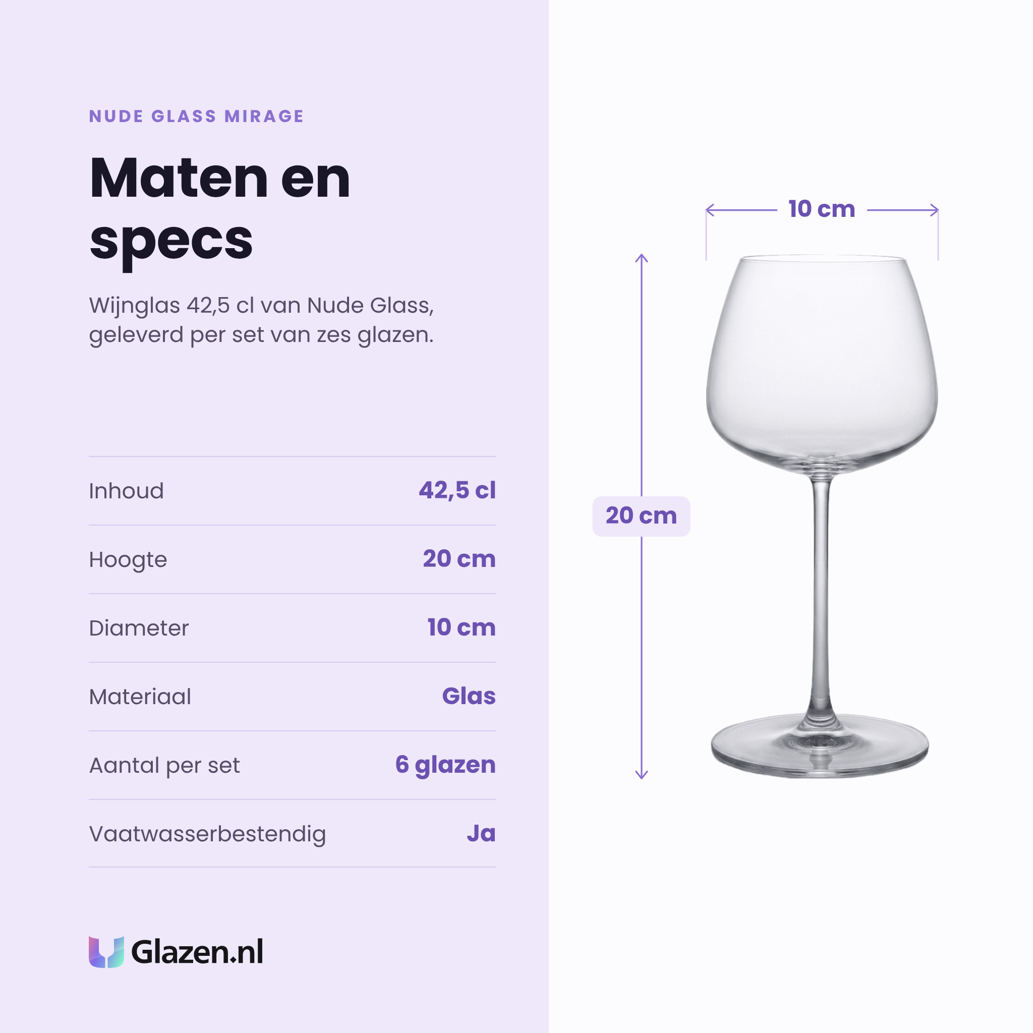 Nude Glass Mirage wijnglas 42,5 cl specificaties: inhoud 42,5 cl, hoogte 20 cm, diameter 10 cm, glas, set van 6