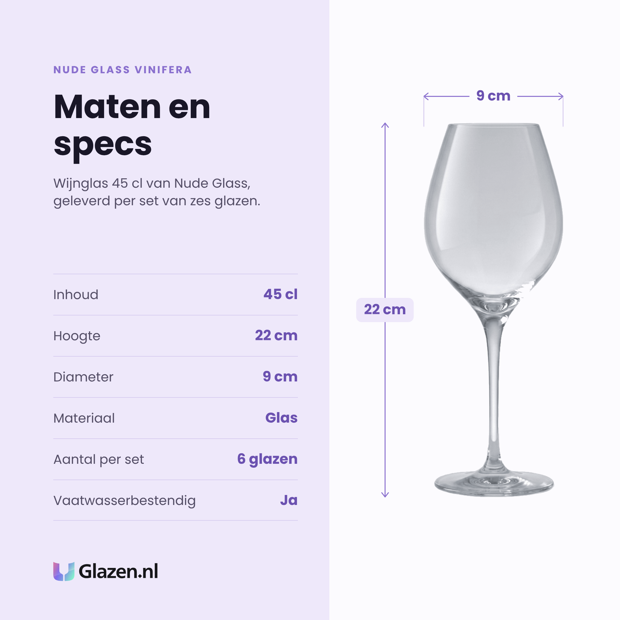 Nude Glass Vinifera wijnglas 45 cl specificaties: inhoud 45 cl, hoogte 22 cm, diameter 9 cm, glas, set van 6