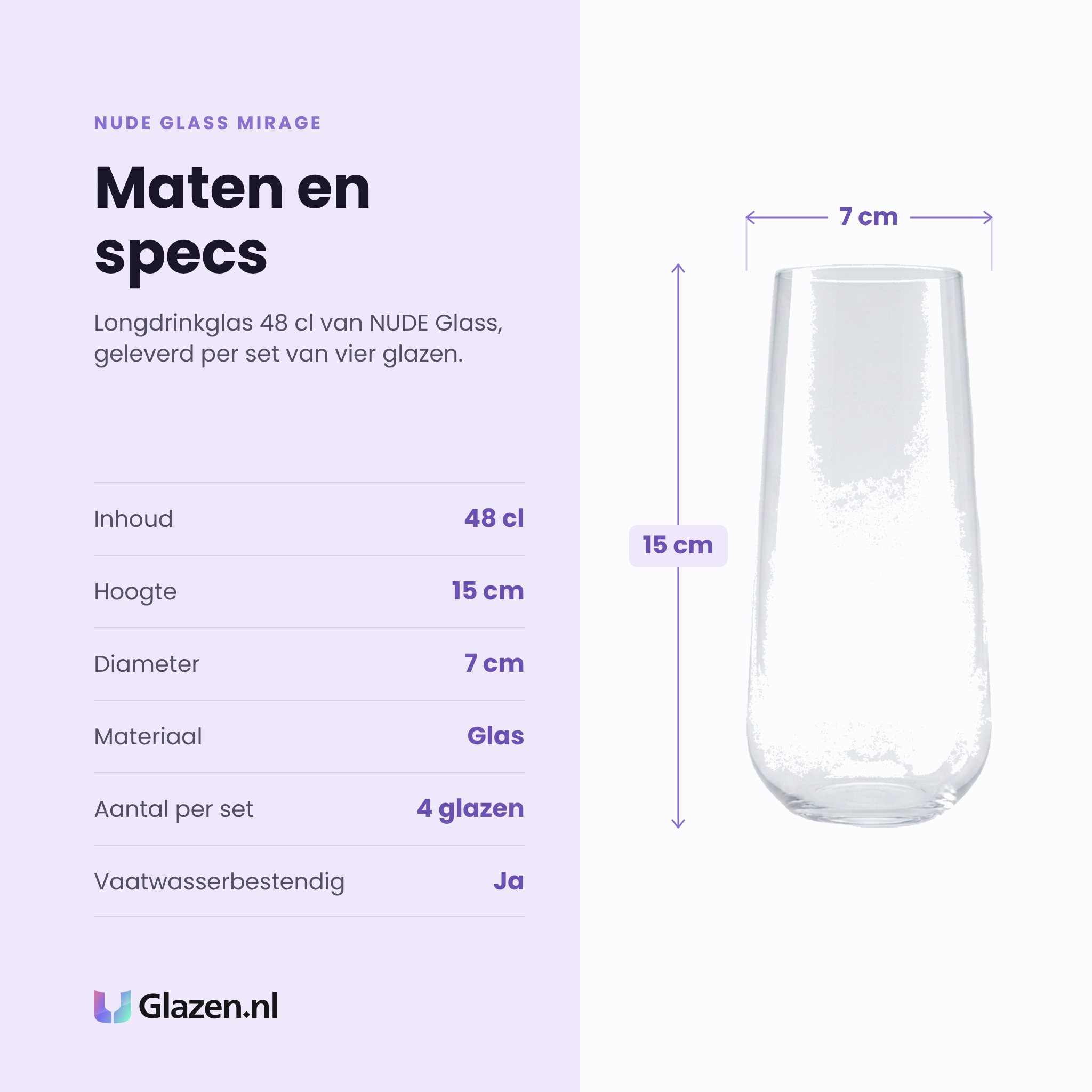 Nude Glass Mirage longdrinkglas 48 cl specificaties: inhoud 48 cl, hoogte 15 cm, diameter 7 cm, glas, set van 4