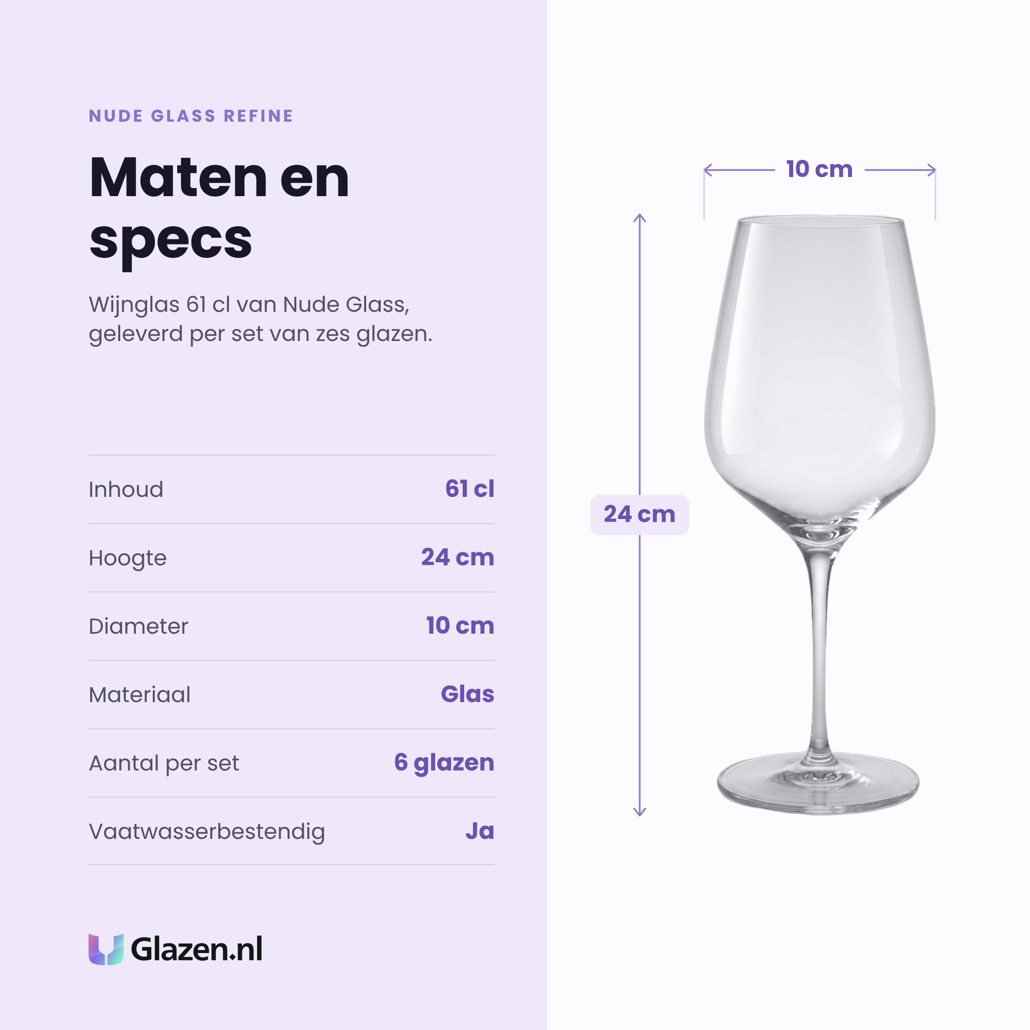Nude Glass Refine wijnglas 61 cl specificaties: inhoud 61 cl, hoogte 24 cm, diameter 10 cm, glas, set van 6