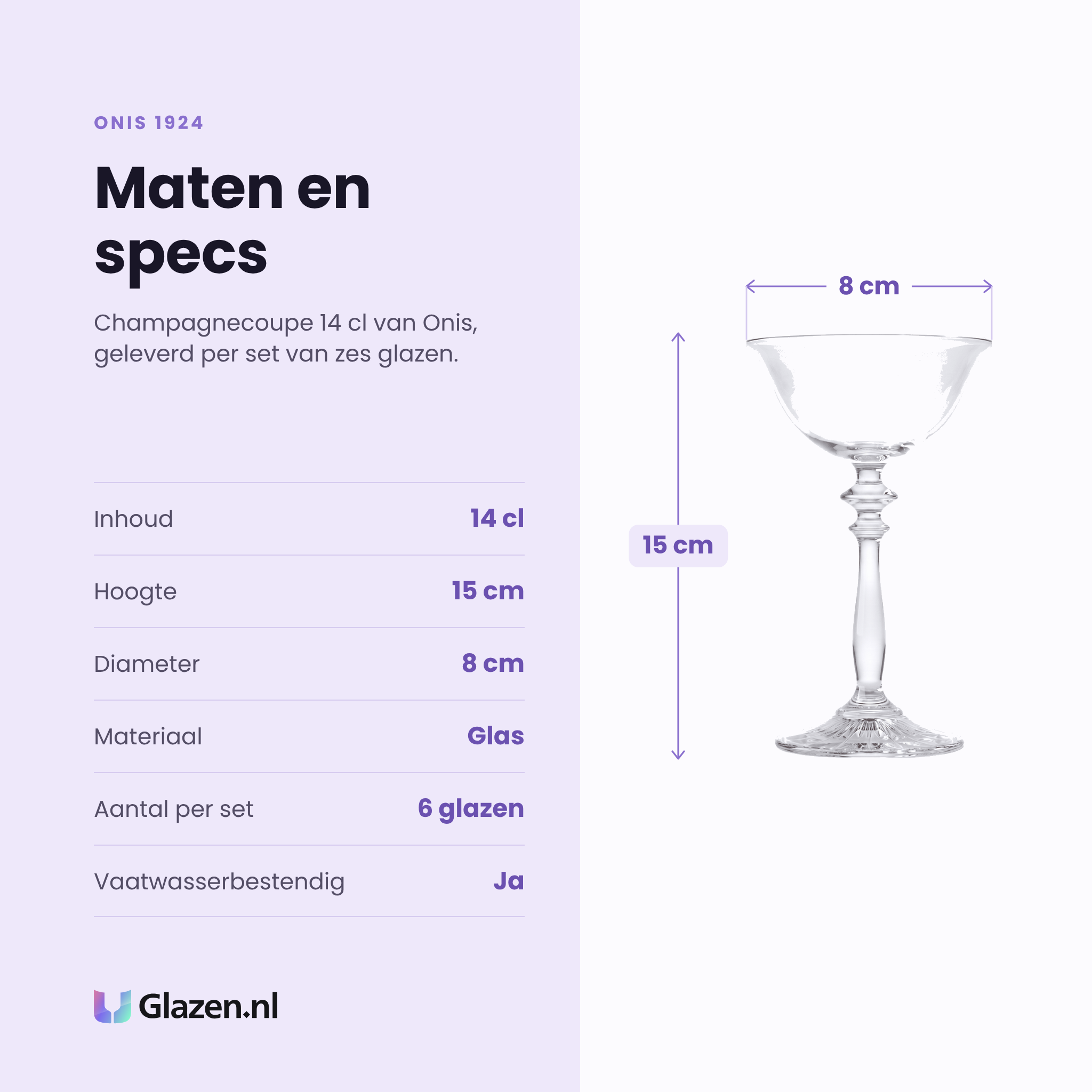 Onis 1924 champagnecoupe 14 cl specificaties: inhoud 14 cl, hoogte 15 cm, diameter 8 cm, glas, set van 6