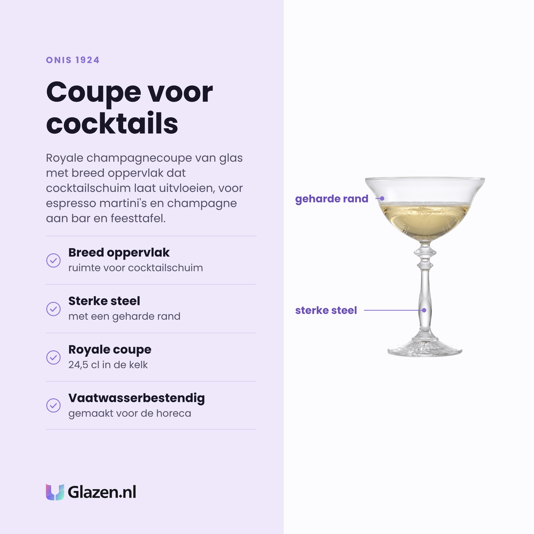Onis 1924 champagnecoupe 24,5 cl eigenschappen: breed oppervlak voor cocktails, sterke steel met geharde rand, royale coupe van 24,5 cl, vaatwasserbestendig