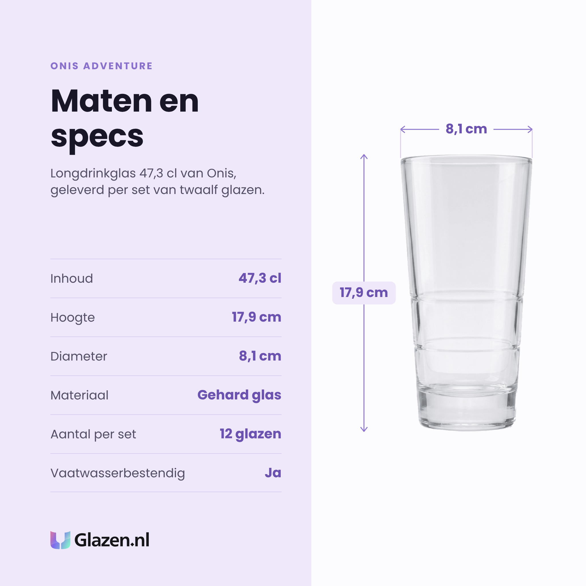 Onis Adventure longdrinkglas 47,3 cl specificaties: inhoud 47,3 cl, hoogte 17,9 cm, diameter 8,1 cm, gehard glas, set van 12