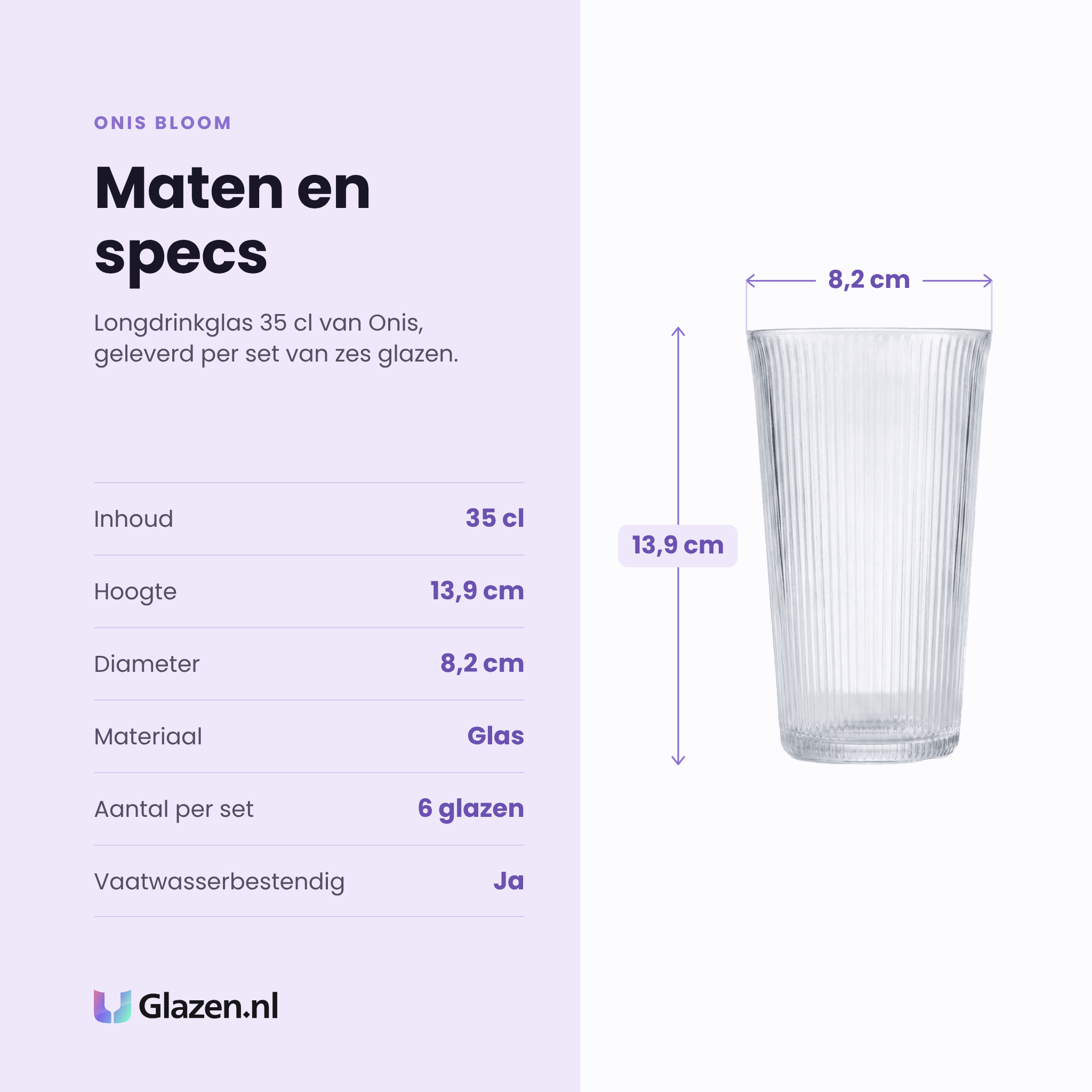 Onis Bloom longdrinkglas 35 cl specificaties: inhoud 35 cl, hoogte 13,9 cm, diameter 8,2 cm, glas, set van 6