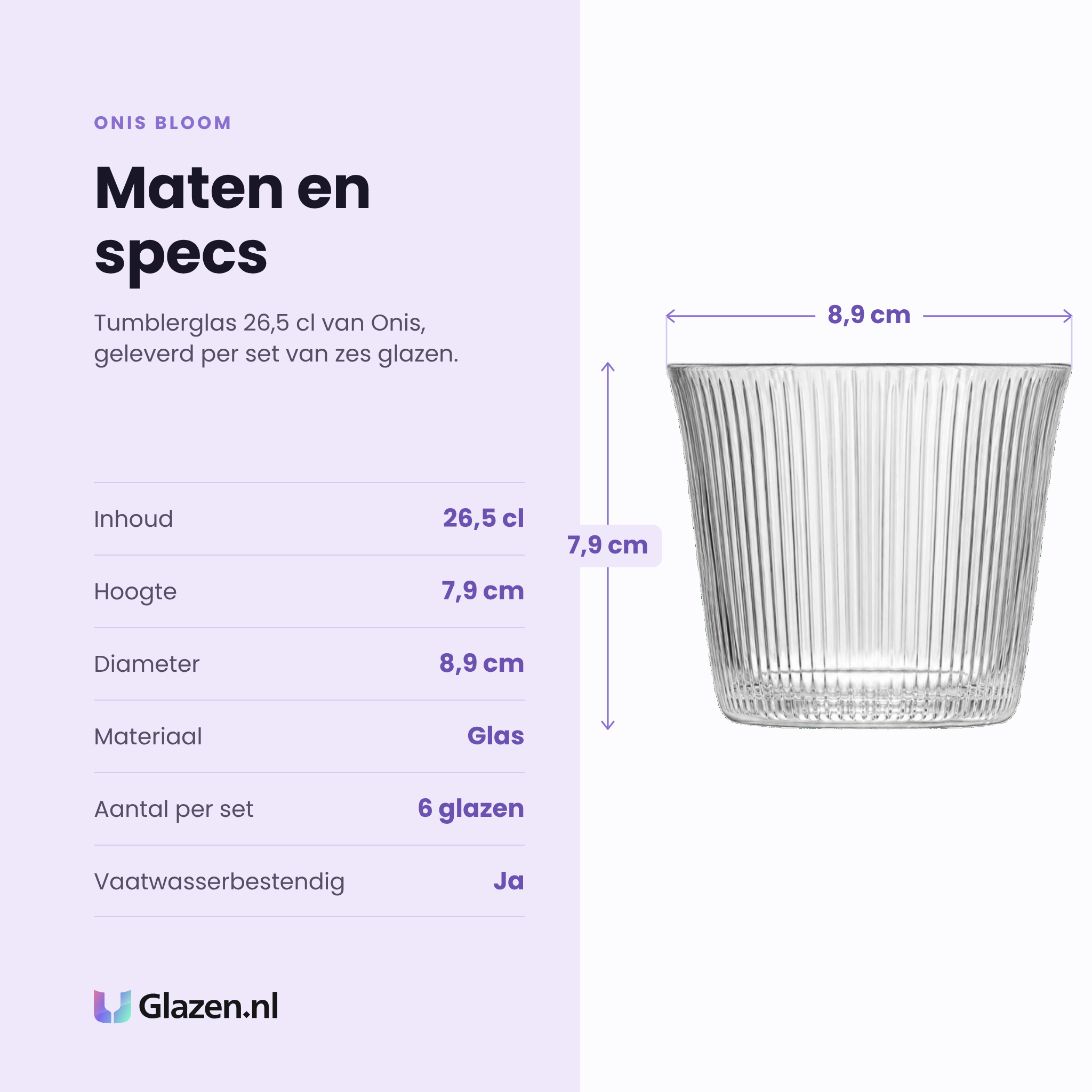 Onis Bloom tumblerglas 26,5 cl specificaties: inhoud 26,5 cl, hoogte 7,9 cm, diameter 8,9 cm, glas, set van 6