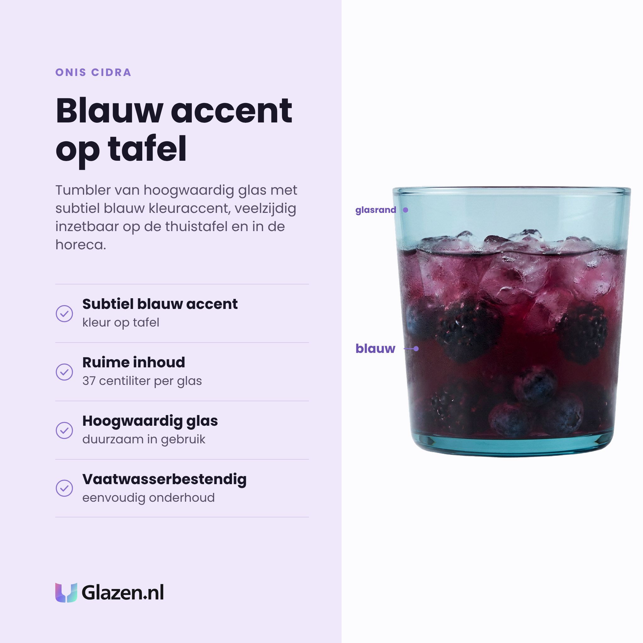 Onis Cidra tumbler 37 cl blauw eigenschappen: blauw kleuraccent, ruime inhoud, hoogwaardig glas, vaatwasserbestendig