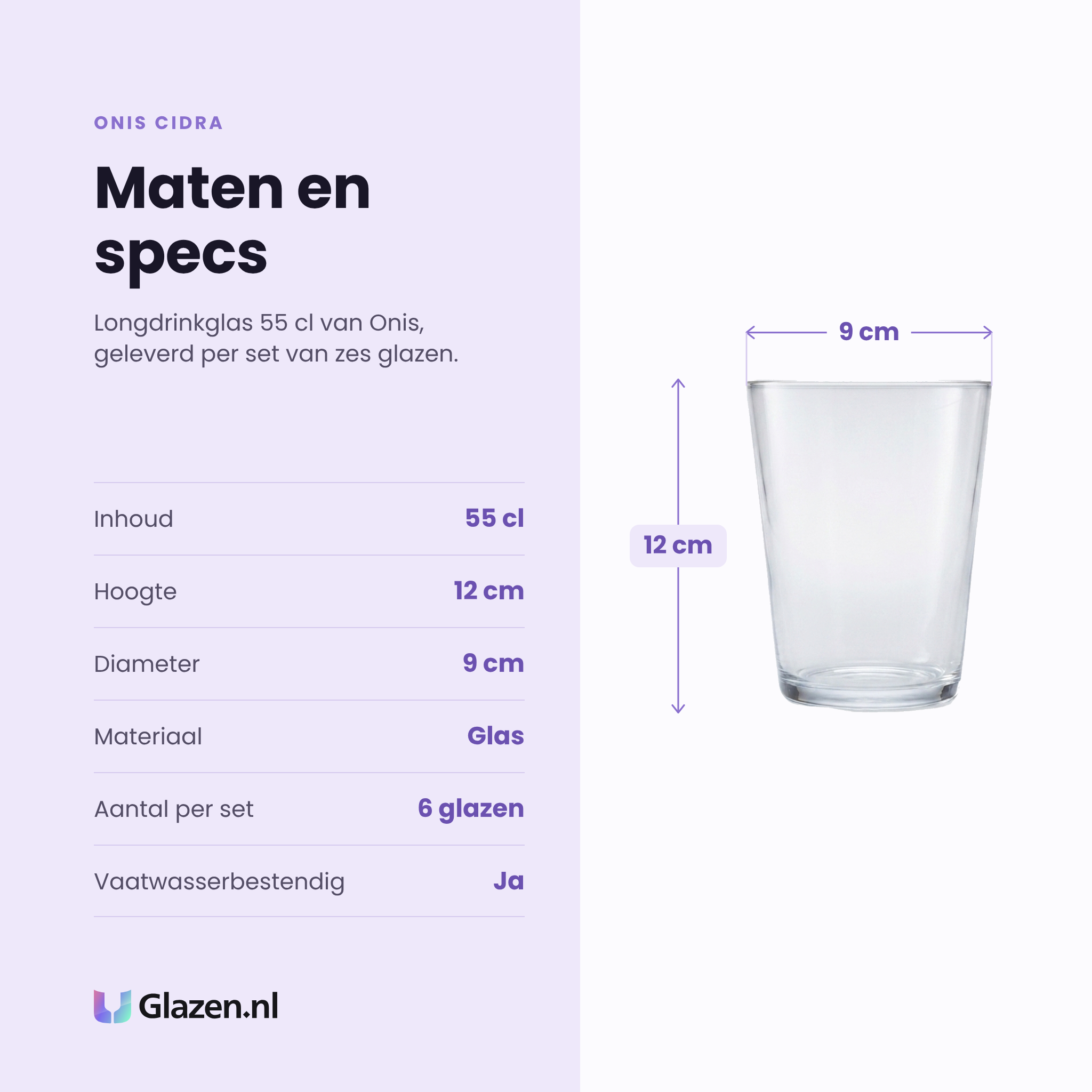 Onis Cidra longdrinkglas 55 cl specificaties: inhoud 55 cl, hoogte 12 cm, diameter 9 cm, glas, set van 6