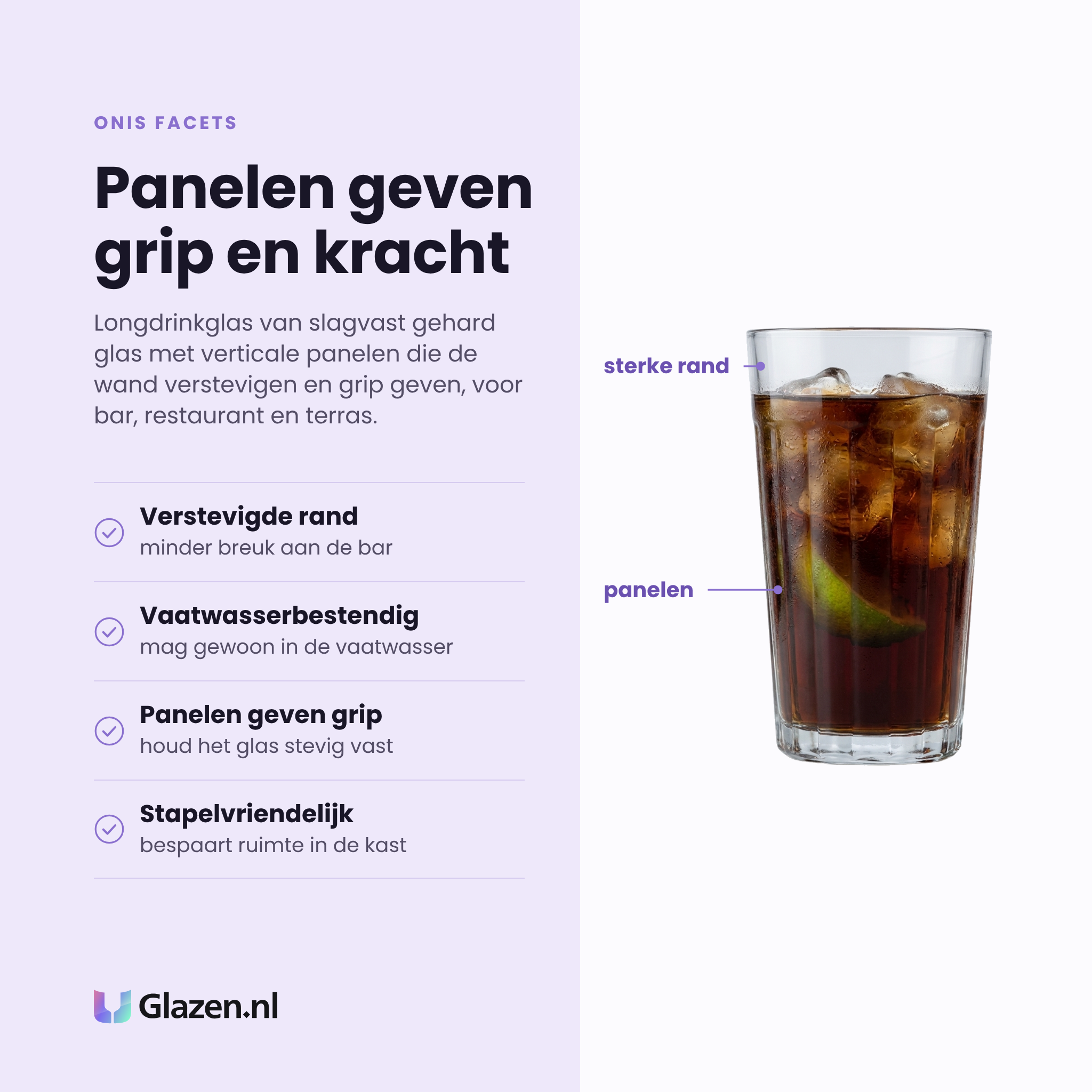 Onis Facets longdrinkglas 35 cl eigenschappen: verstevigde rand, vaatwasserbestendig, panelen geven grip, stapelvriendelijk