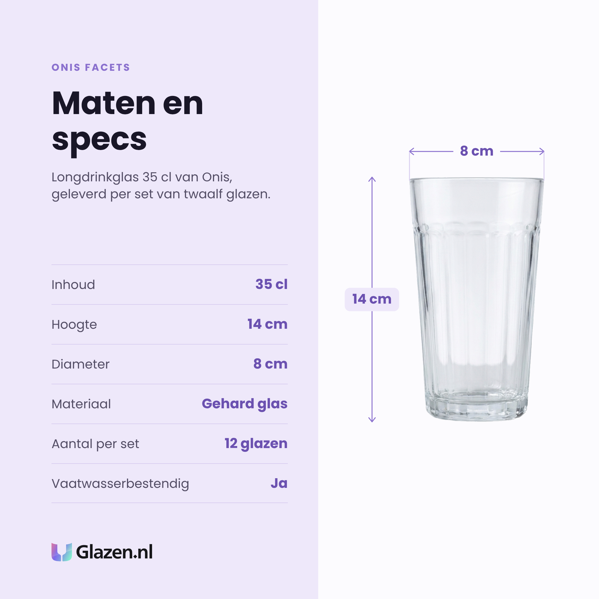 Onis Facets longdrinkglas 35 cl specificaties: inhoud 35 cl, hoogte 14 cm, diameter 8 cm, gehard glas, set van 12