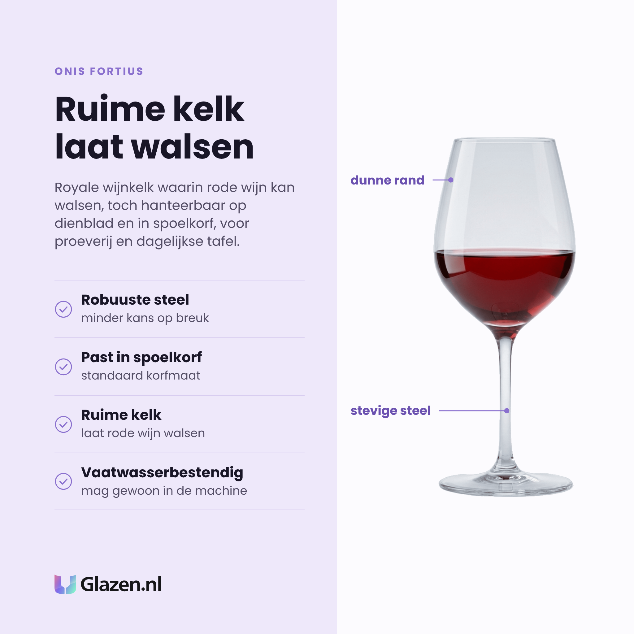 Onis Fortius wijnglas 37 cl eigenschappen: robuuste steel minder breuk, past in standaard spoelkorf, ruime kelk laat rood walsen, vaatwasserbestendig