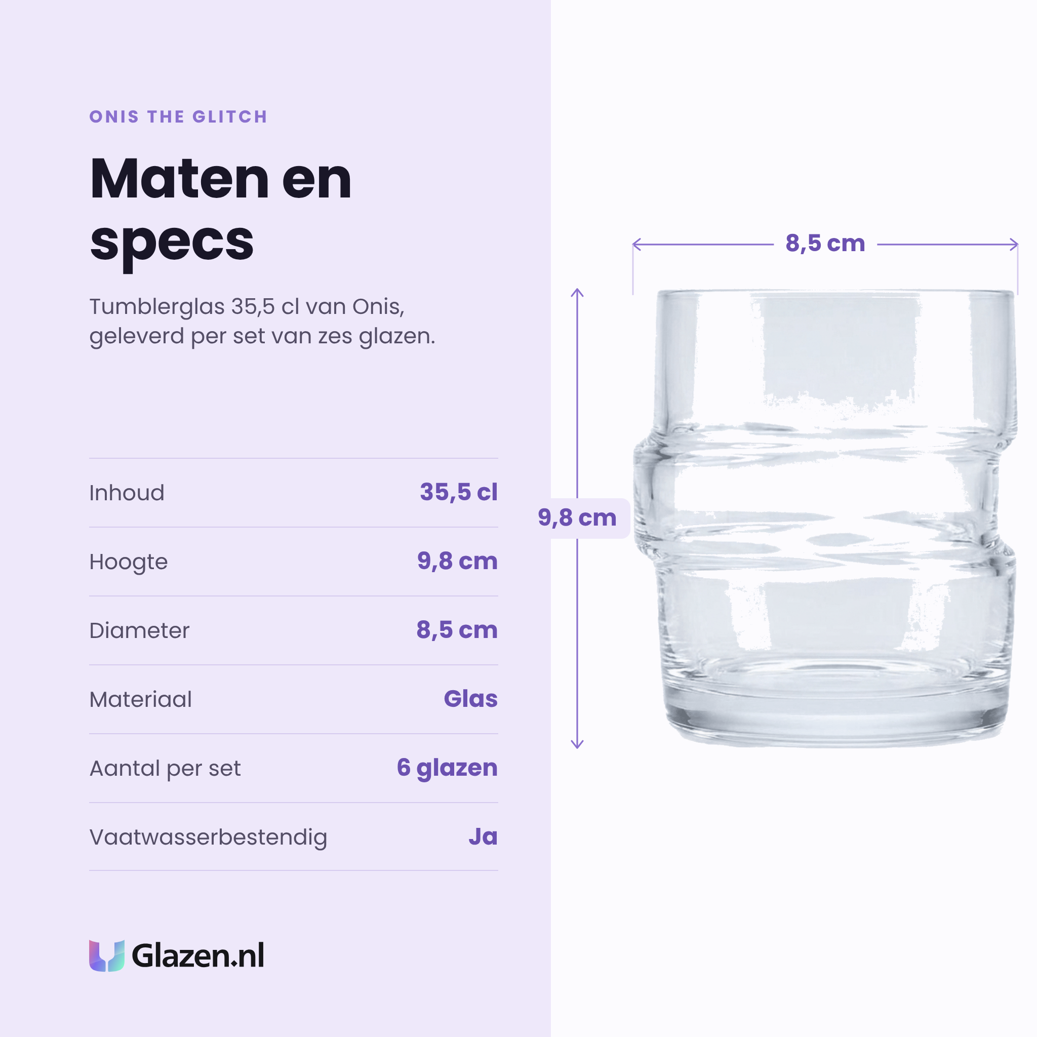 Onis The Glitch tumbler 35,5 cl specificaties: inhoud 35,5 cl, hoogte 9,8 cm, diameter 8,5 cm, glas, set van 6