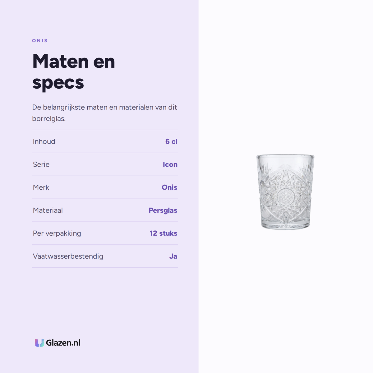 Infographic met de maten en specificaties van Onis Icon Borrelglas 6 Cl - 12 Stuks