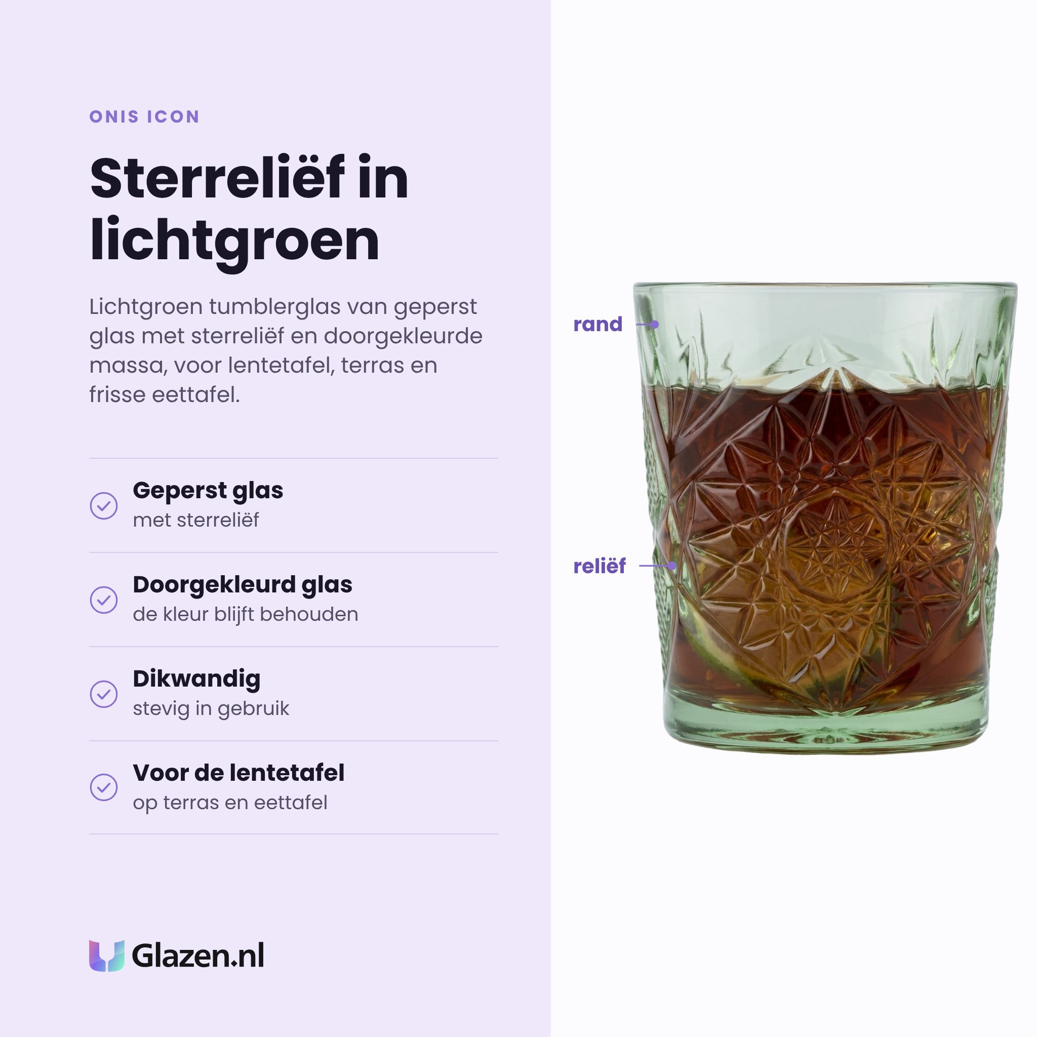 Onis Icon tumbler 35,5 cl lichtgroen eigenschappen: geperst glas met sterreliëf, doorgekleurd glas, dikwandig en stevig, voor de lentetafel
