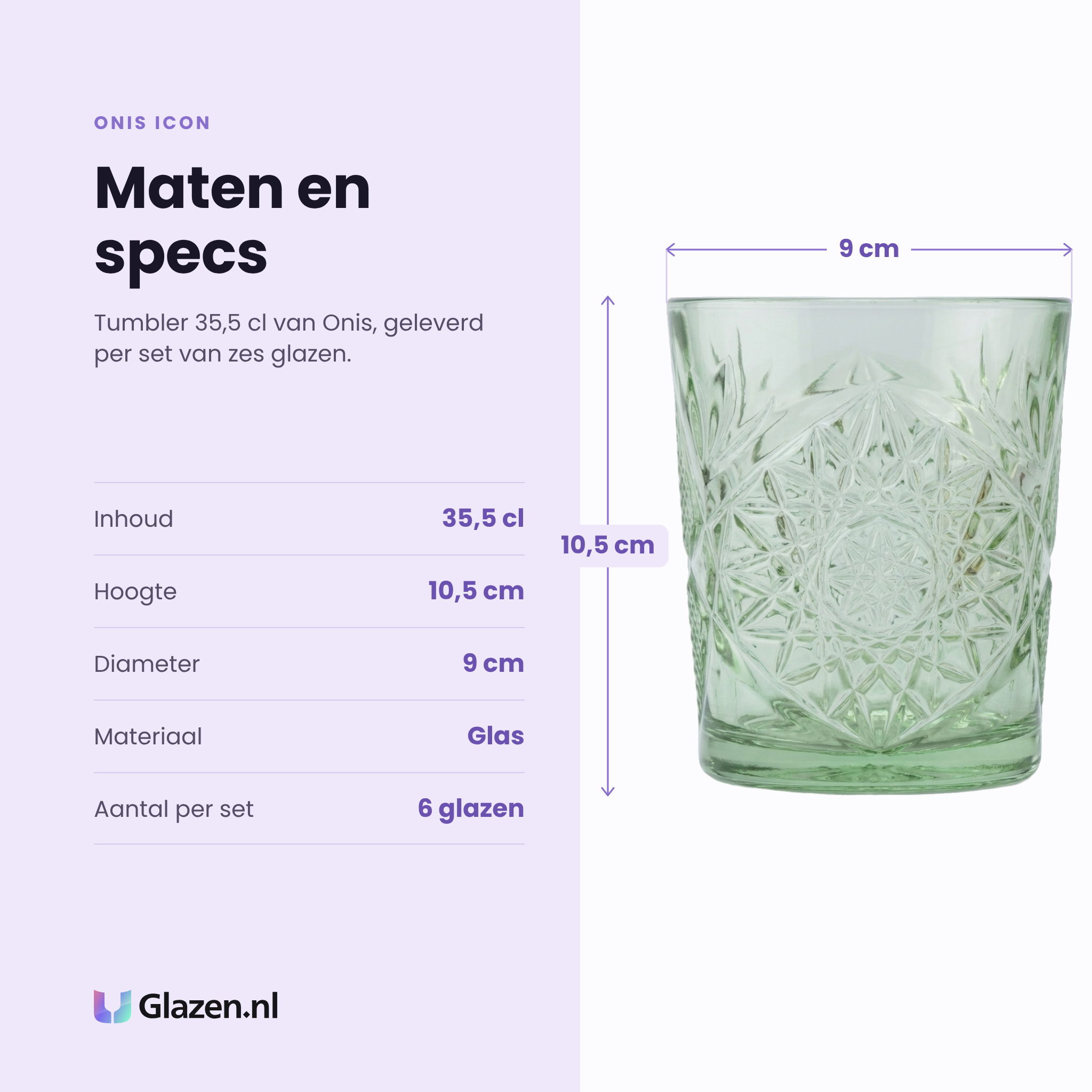 Onis Icon tumbler 35,5 cl lichtgroen specificaties: inhoud 35,5 cl, hoogte 10,5 cm, diameter 9 cm, glas, set van 6