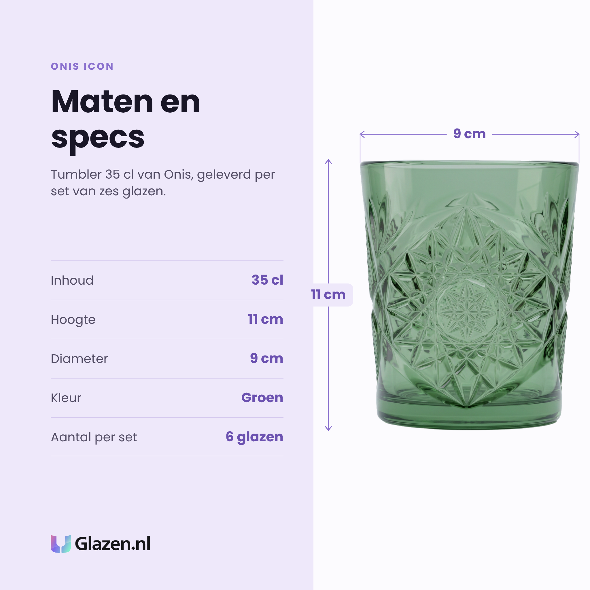Onis Icon tumbler 35 cl groen specificaties: inhoud 35 cl, hoogte 11 cm, diameter 9 cm, groen glas, set van 6