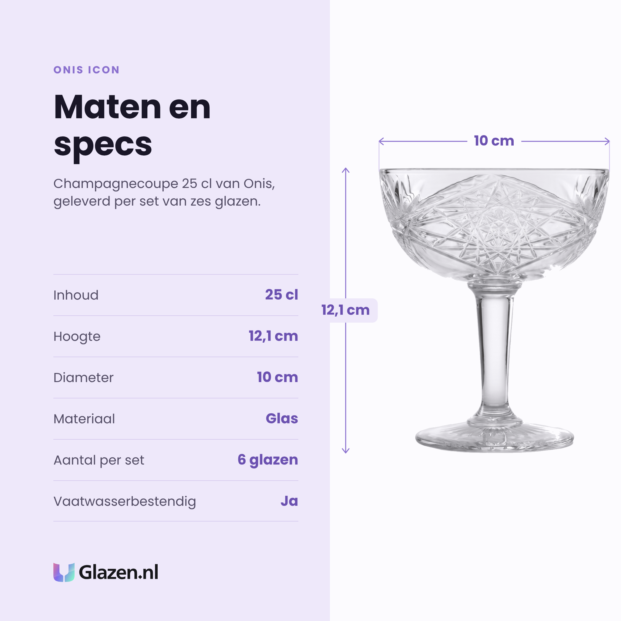 Onis Icon champagnecoupe 25 cl specificaties: inhoud 25 cl, hoogte 12,1 cm, diameter 10 cm, glas, set van 6