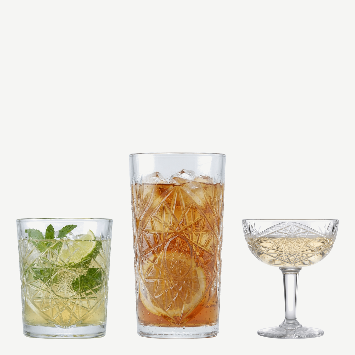 Onis Icon glazenset met tumbler, longdrinkglas en champagnecoupe gevuld