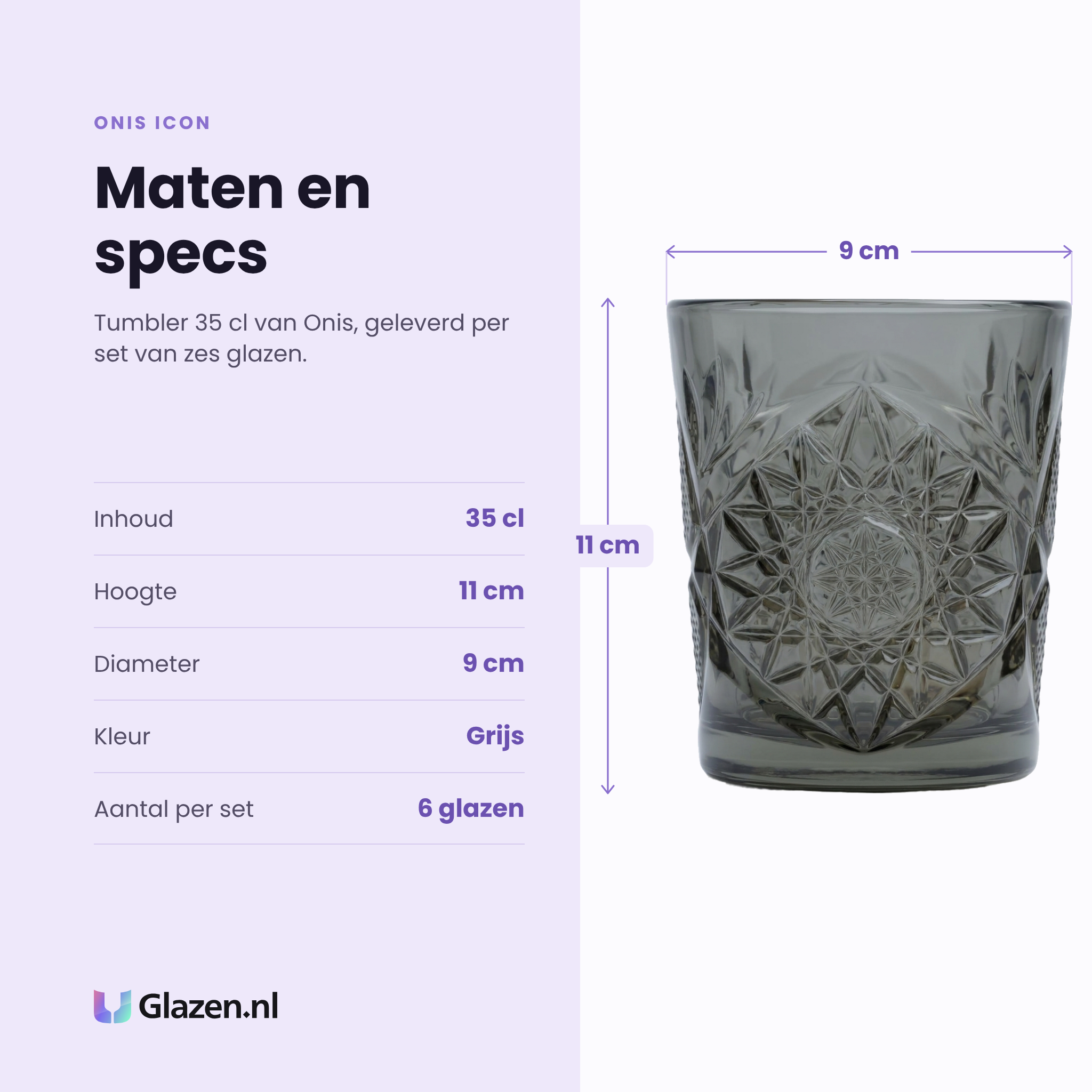 Onis Icon tumbler 35 cl grijs specificaties: inhoud 35 cl, hoogte 11 cm, diameter 9 cm, grijs glas, set van 6