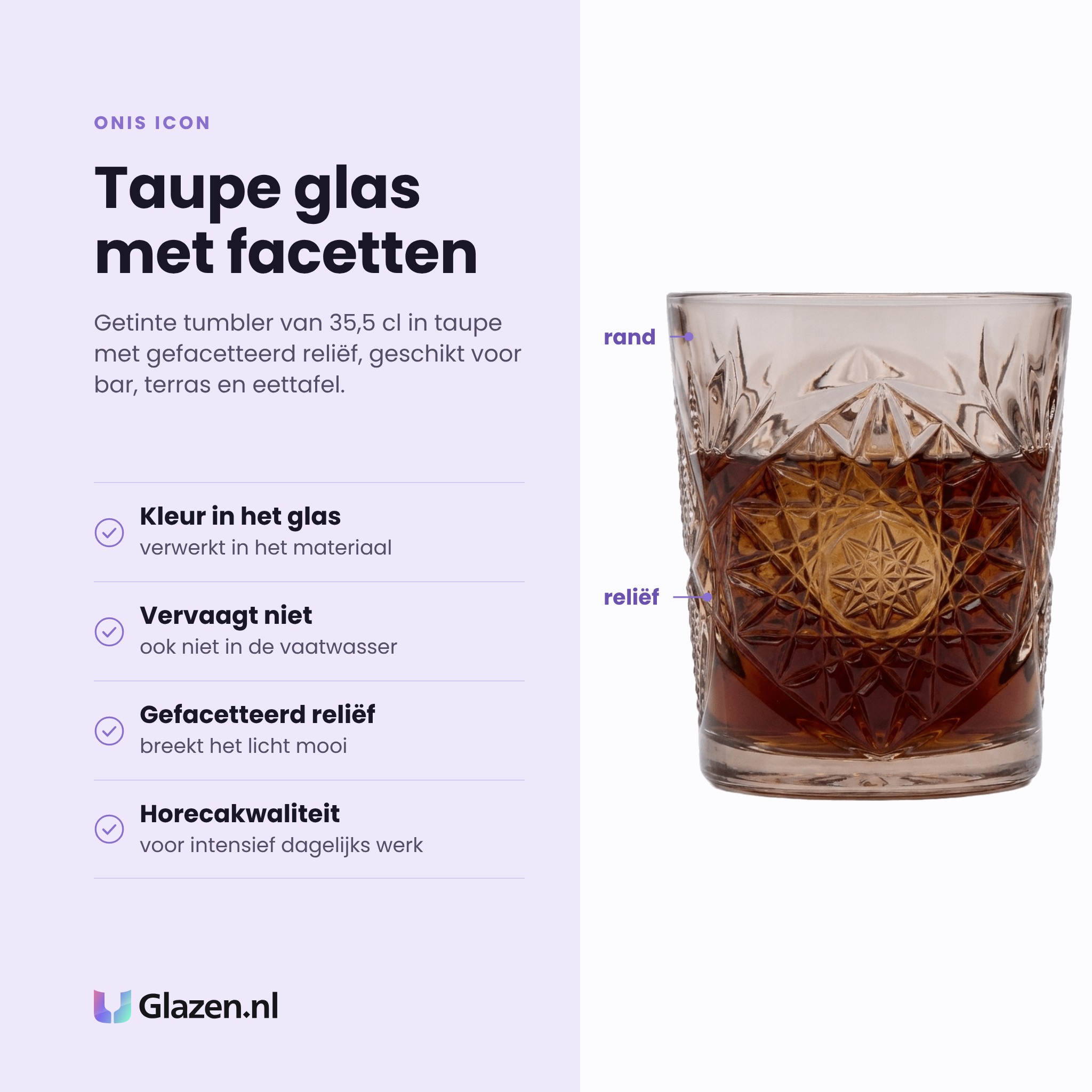 Onis Icon tumbler 35 cl eigenschappen: kleur in het glas, vervaagt niet, gefacetteerd reliëf, horecakwaliteit