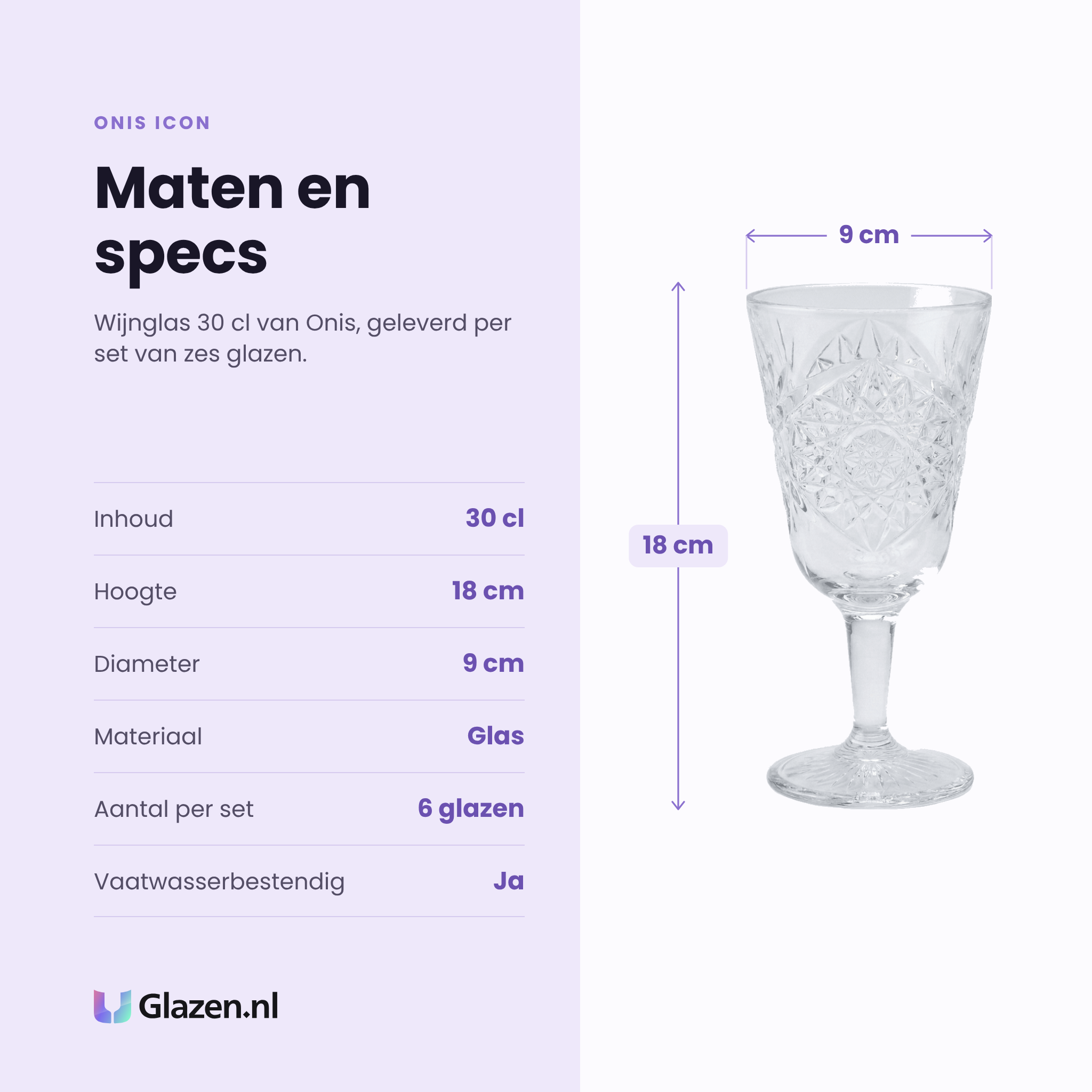 Onis Icon wijnglas 30 cl specificaties: inhoud 30 cl, hoogte 18 cm, diameter 9 cm, glas, set van 6