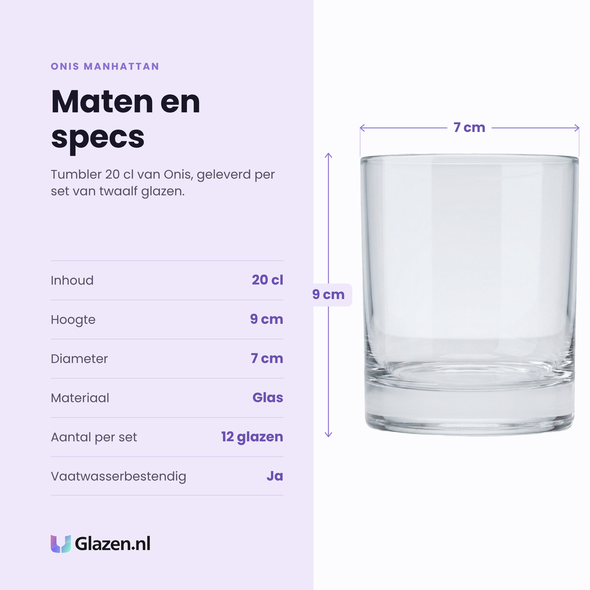 Onis Manhattan tumbler 20 cl specificaties: inhoud 20 cl, hoogte 9 cm, diameter 7 cm, glas, set van 12
